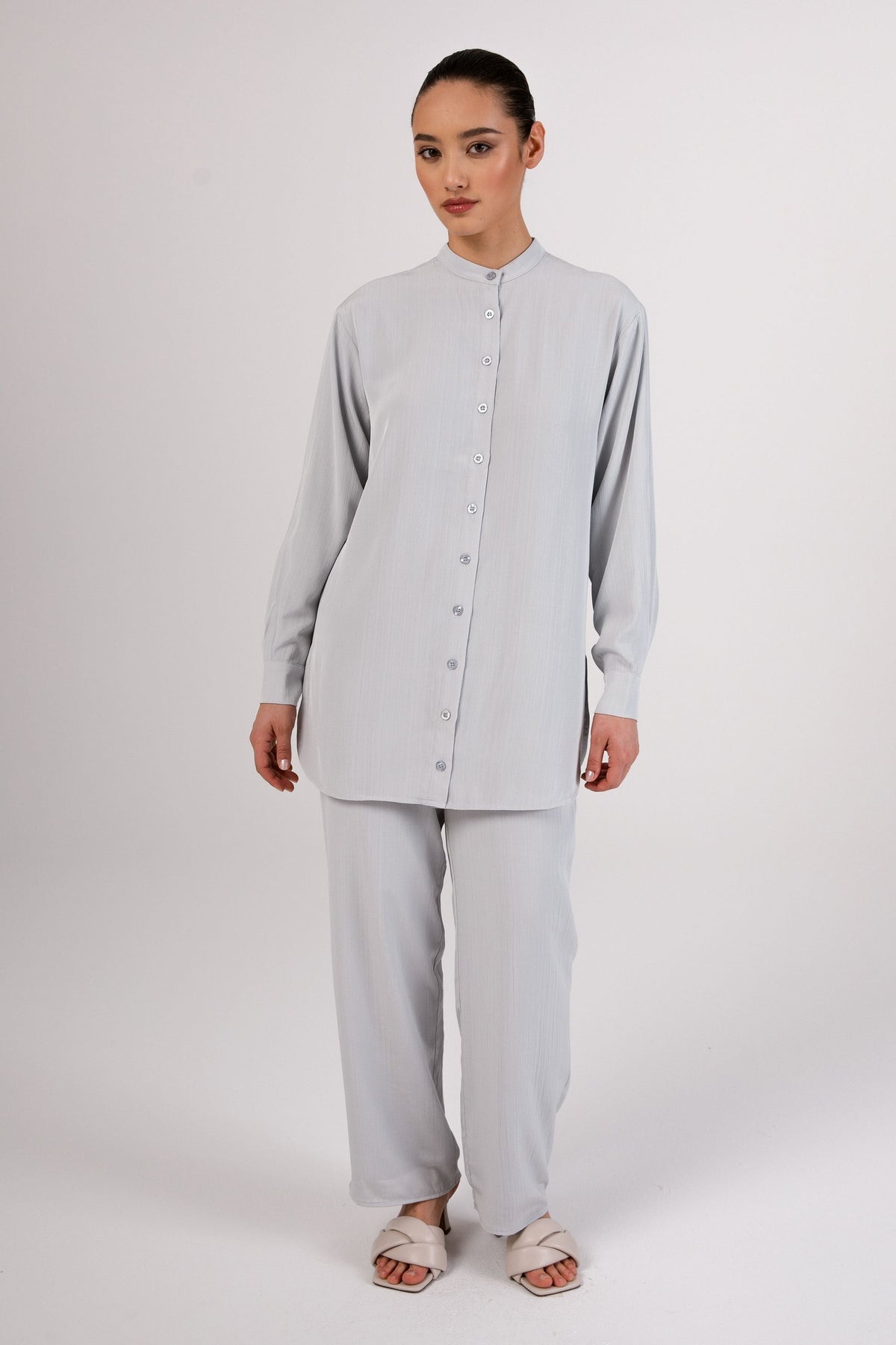 Nashwa Textured Rayon Button Down Tunic - Soft Grey saigonodysseyhotel 