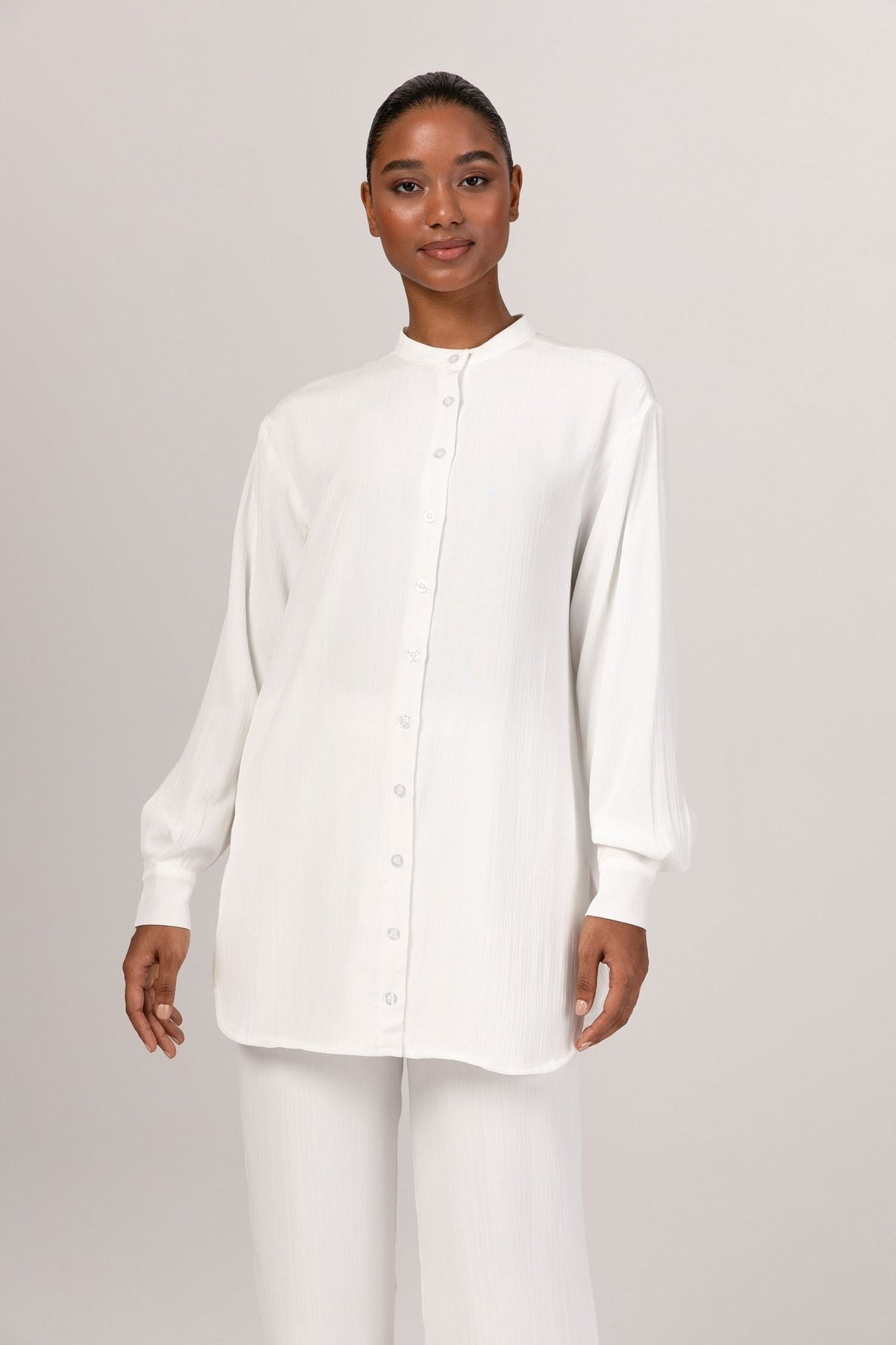 Nashwa Textured Rayon Button Down Tunic - White Veiled 