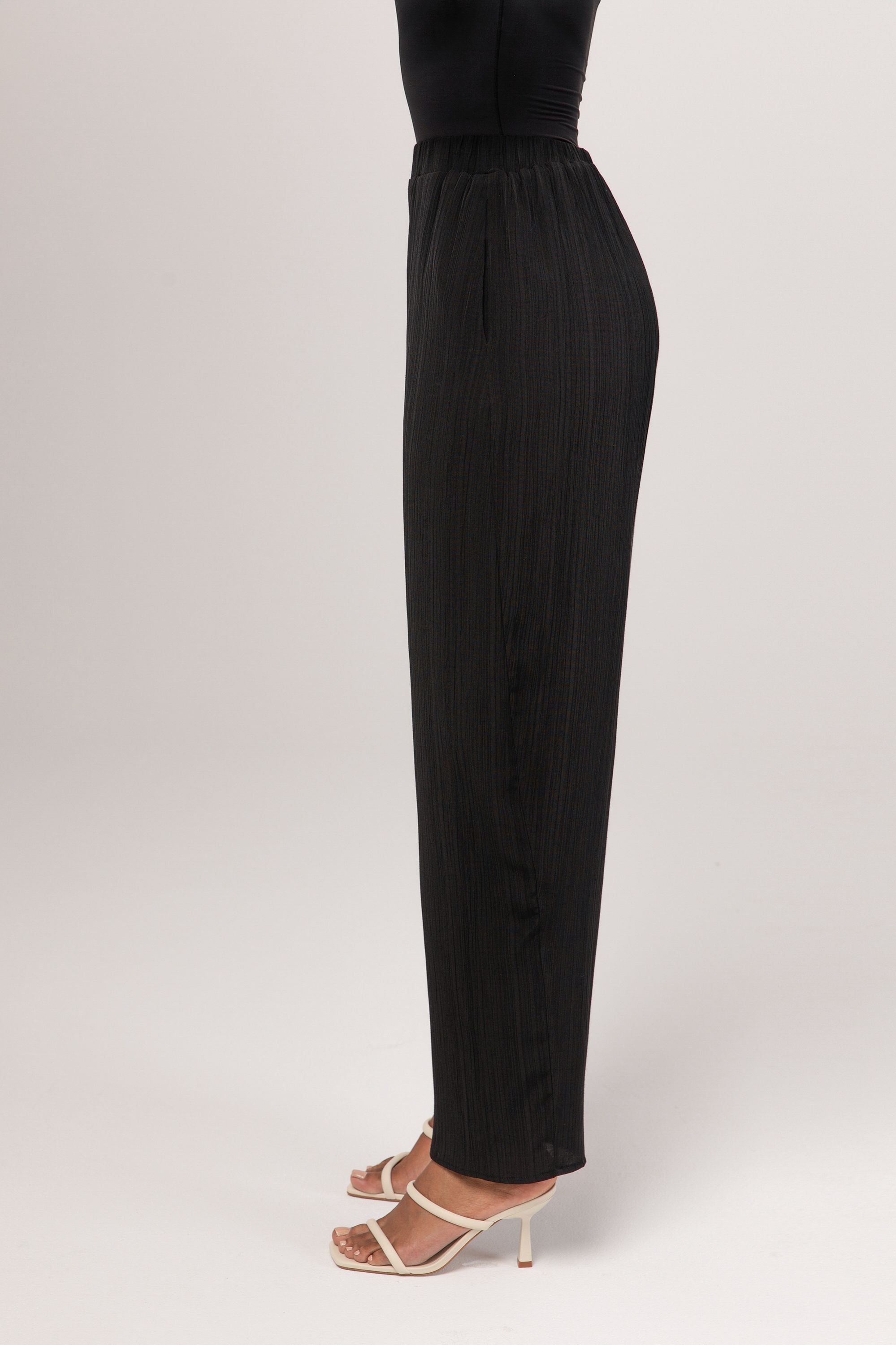 Nashwa Textured Rayon Wide Leg Pants - Black Veiled 