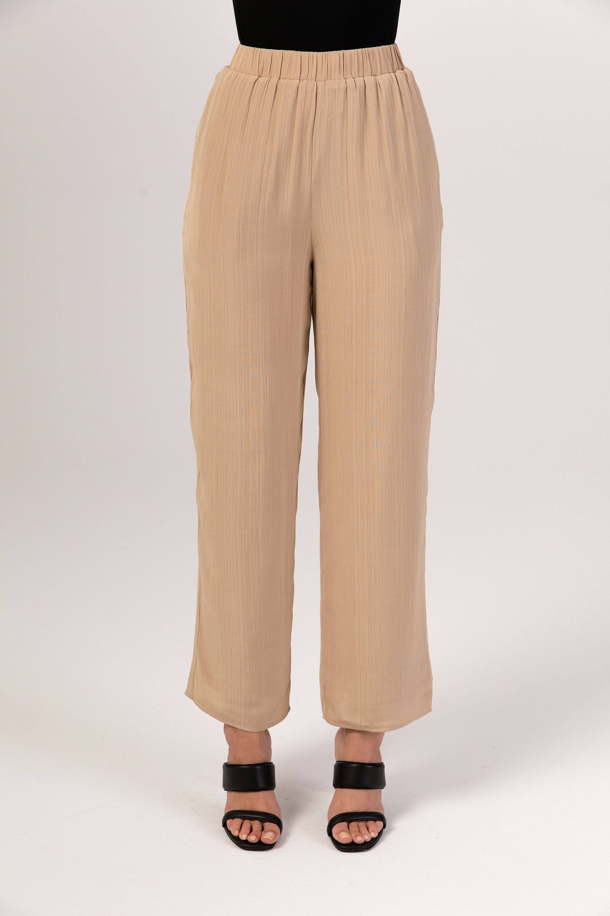 Nashwa Textured Rayon Wide Leg Pants - Caffe Veiled 