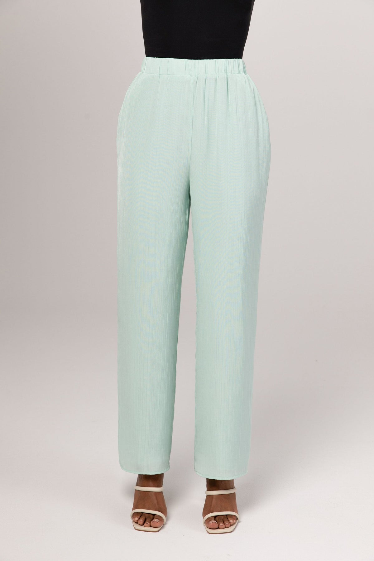 Nashwa Textured Rayon Wide Leg Pants - Mint Green Veiled 