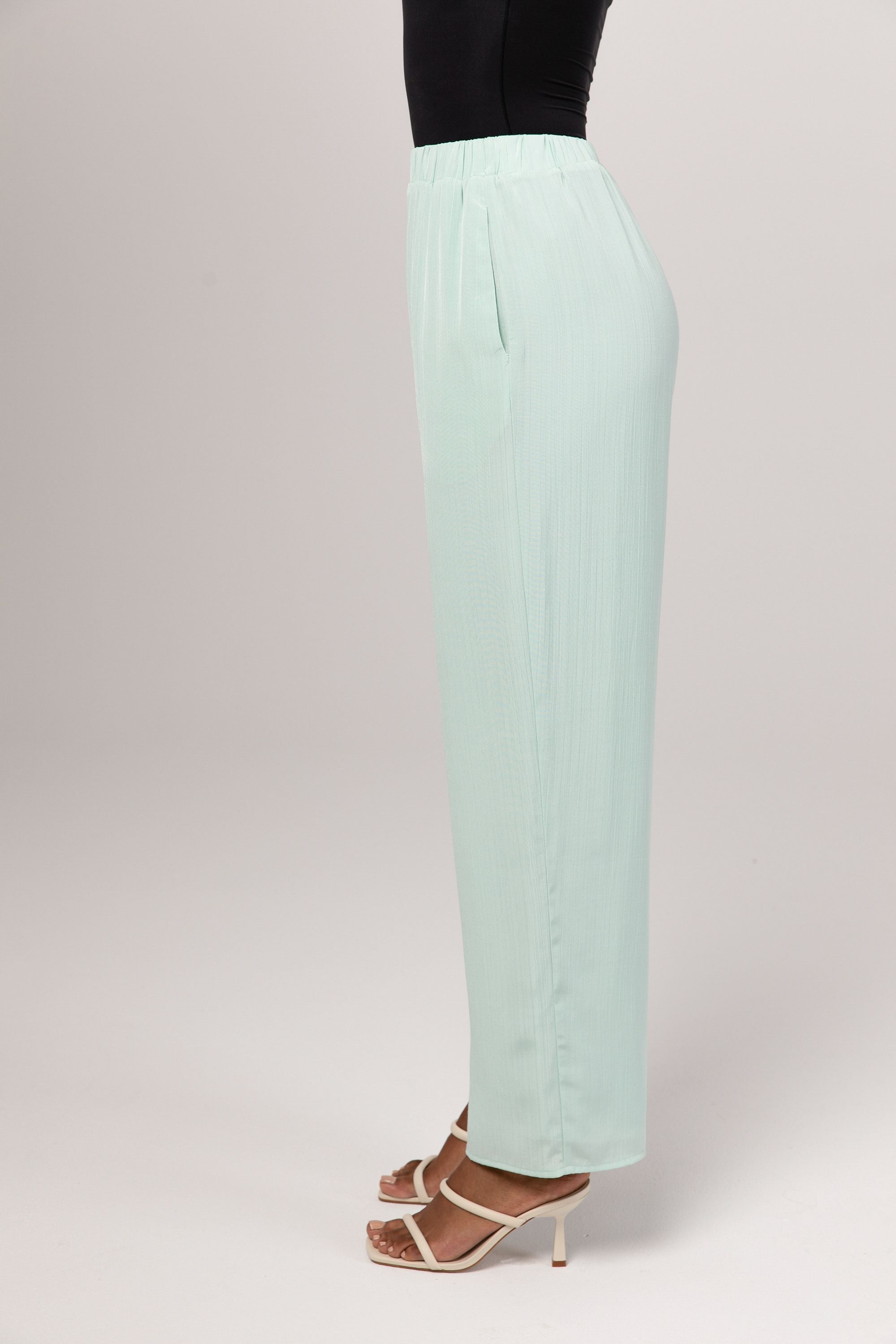 Nashwa Textured Rayon Wide Leg Pants - Mint Green Veiled 