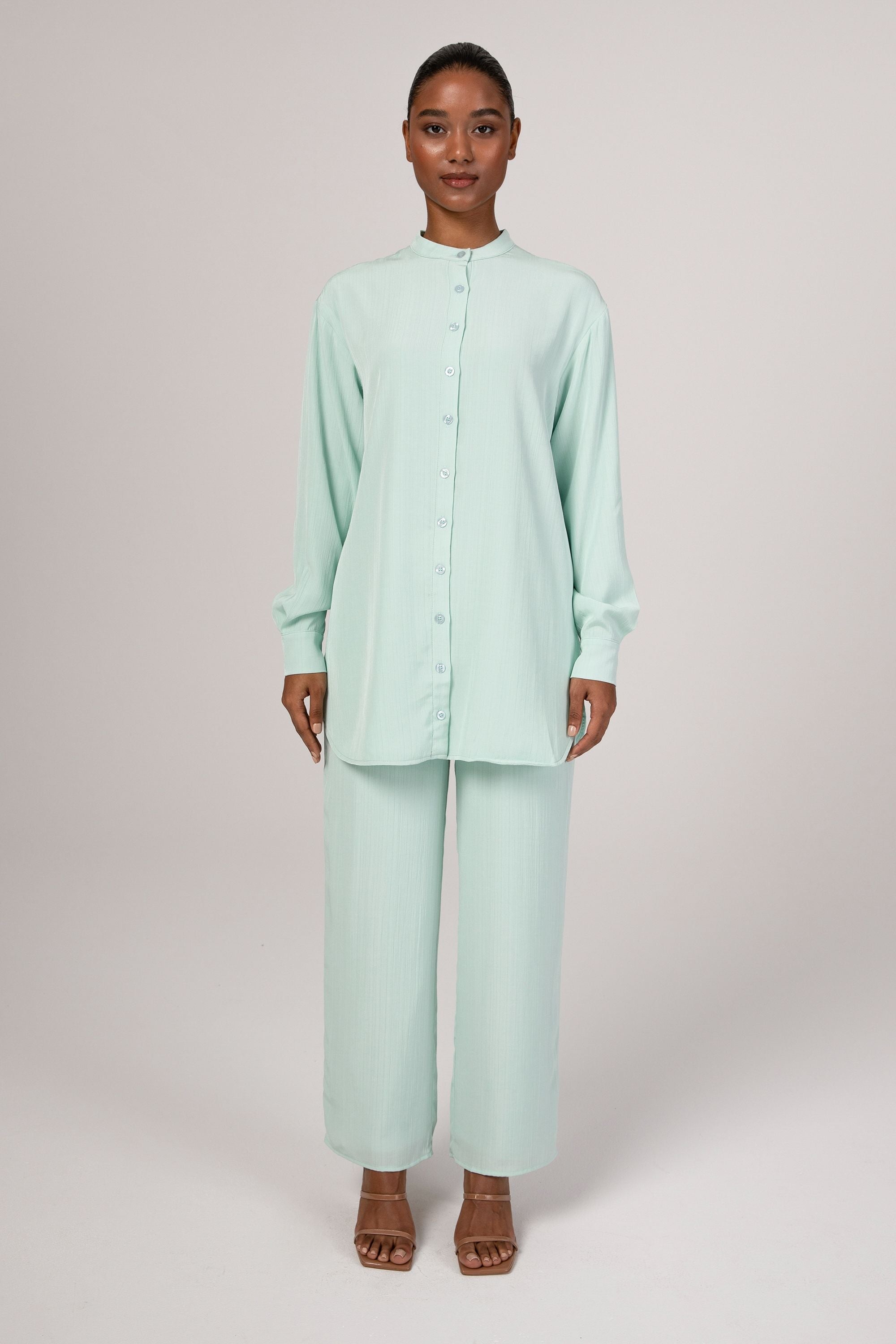 Mint green wide leg trousers best sale