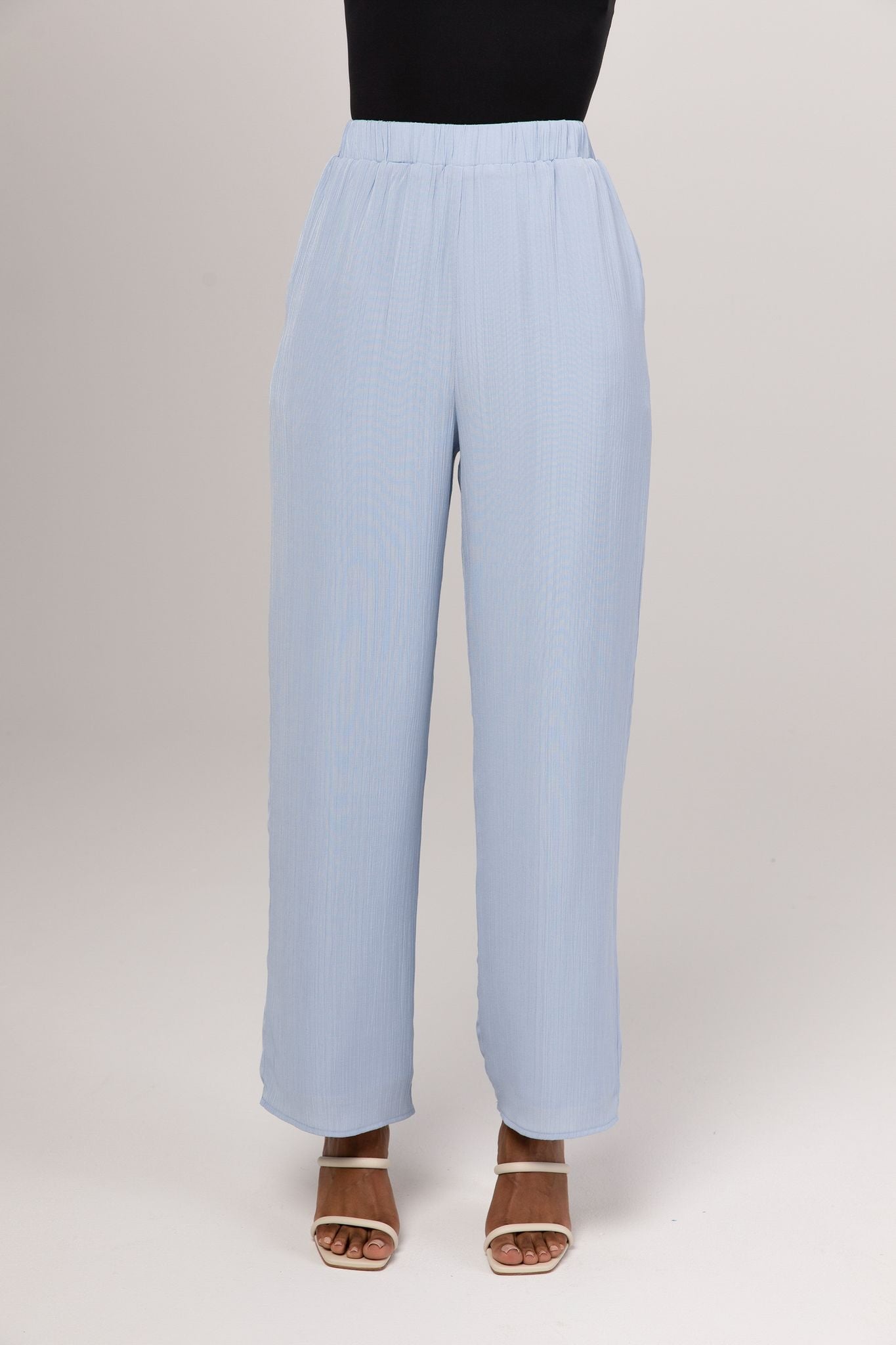 Nashwa Textured Rayon Wide Leg Pants - Powder Blue Veiled 