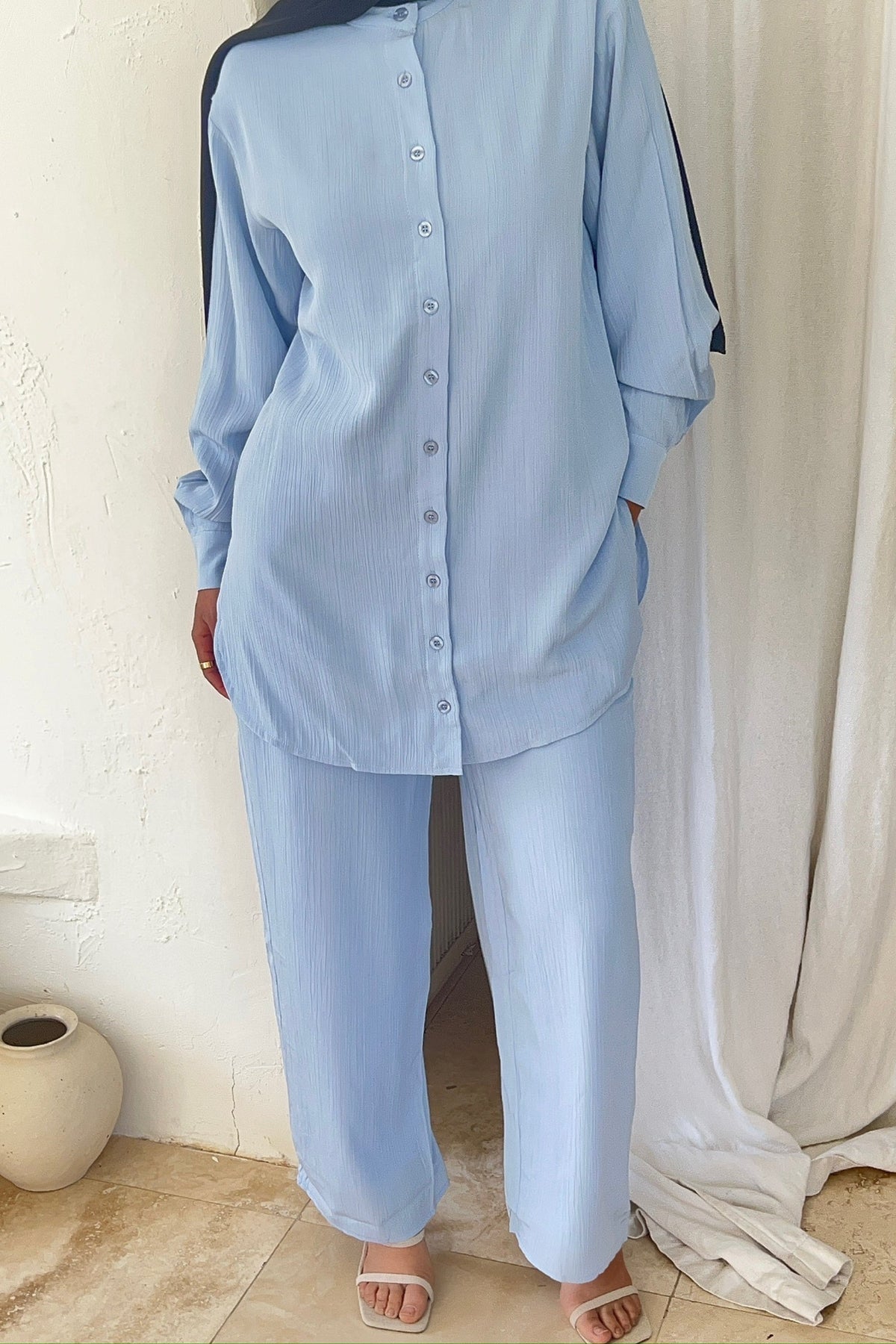 Nashwa Textured Rayon Wide Leg Pants - Powder Blue Clothing saigonodysseyhotel 