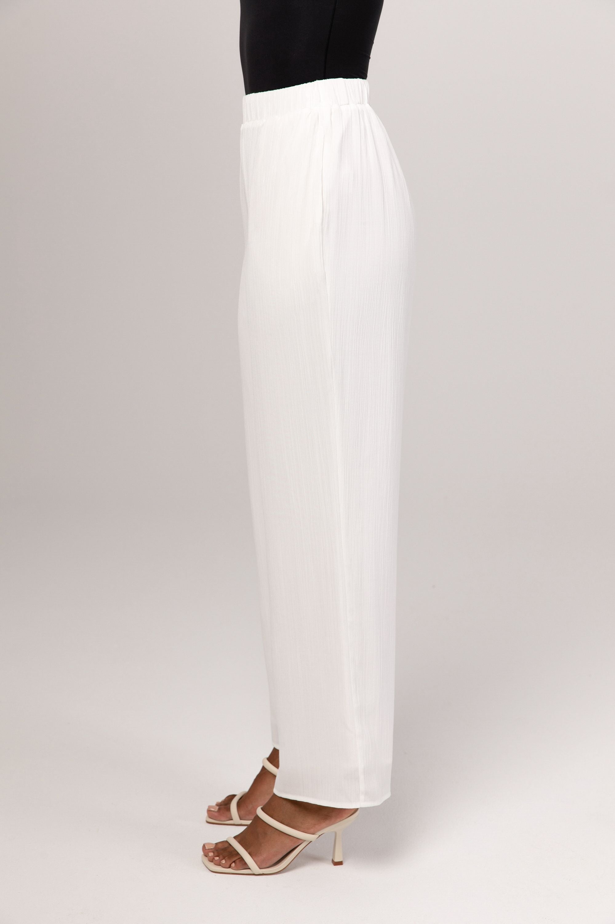 Nashwa Textured Rayon Wide Leg Pants - White Veiled 