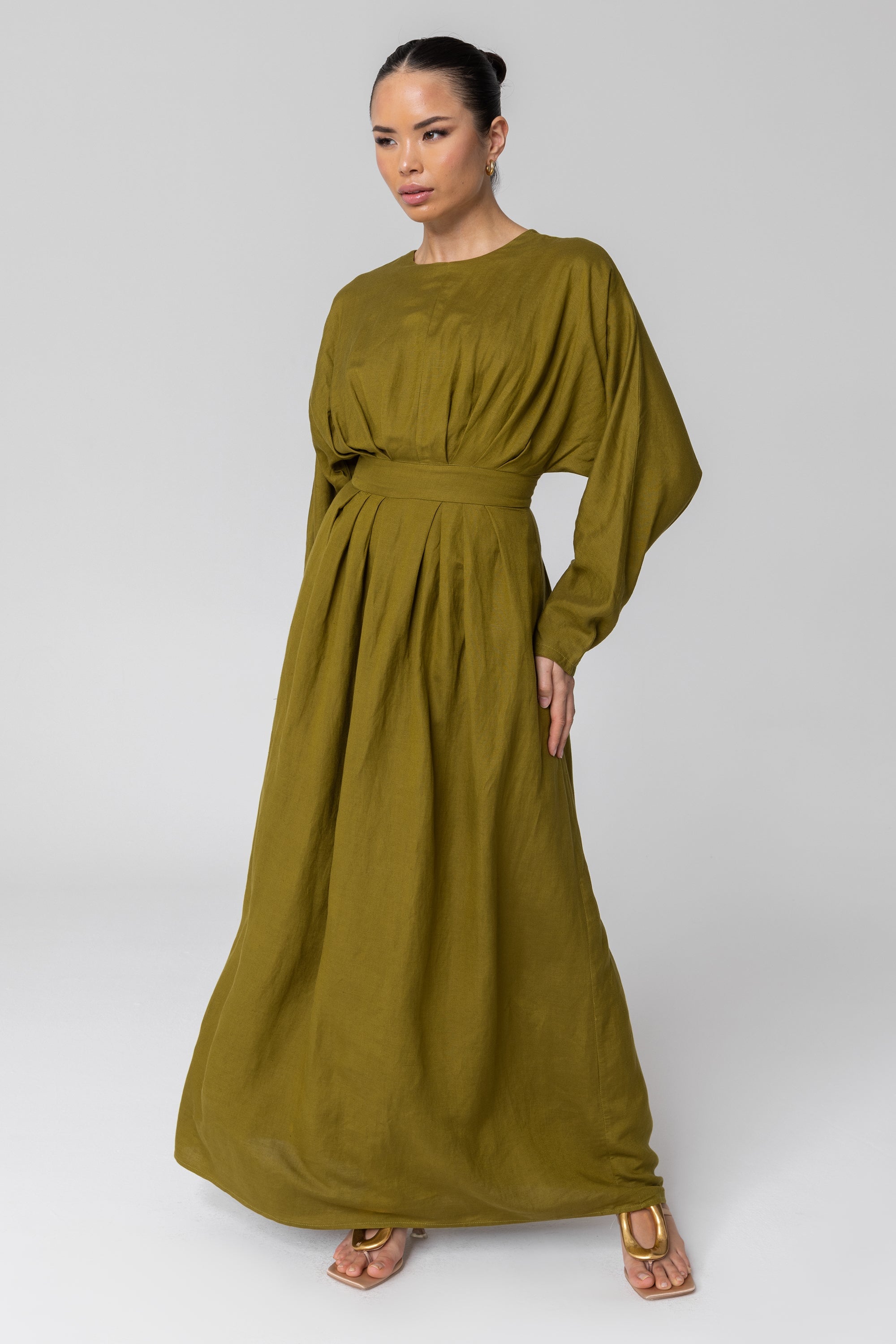 Nasira Linen Pleat Waist Maxi Dress - Avocado (Green Moss) Veiled 