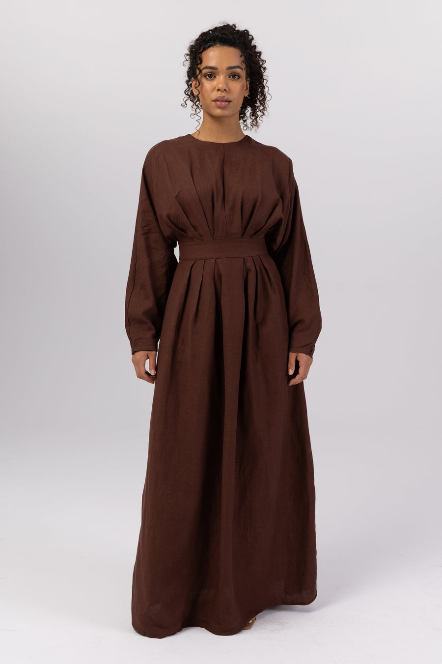 Nasira Linen Pleat Waist Maxi Dress - Brown