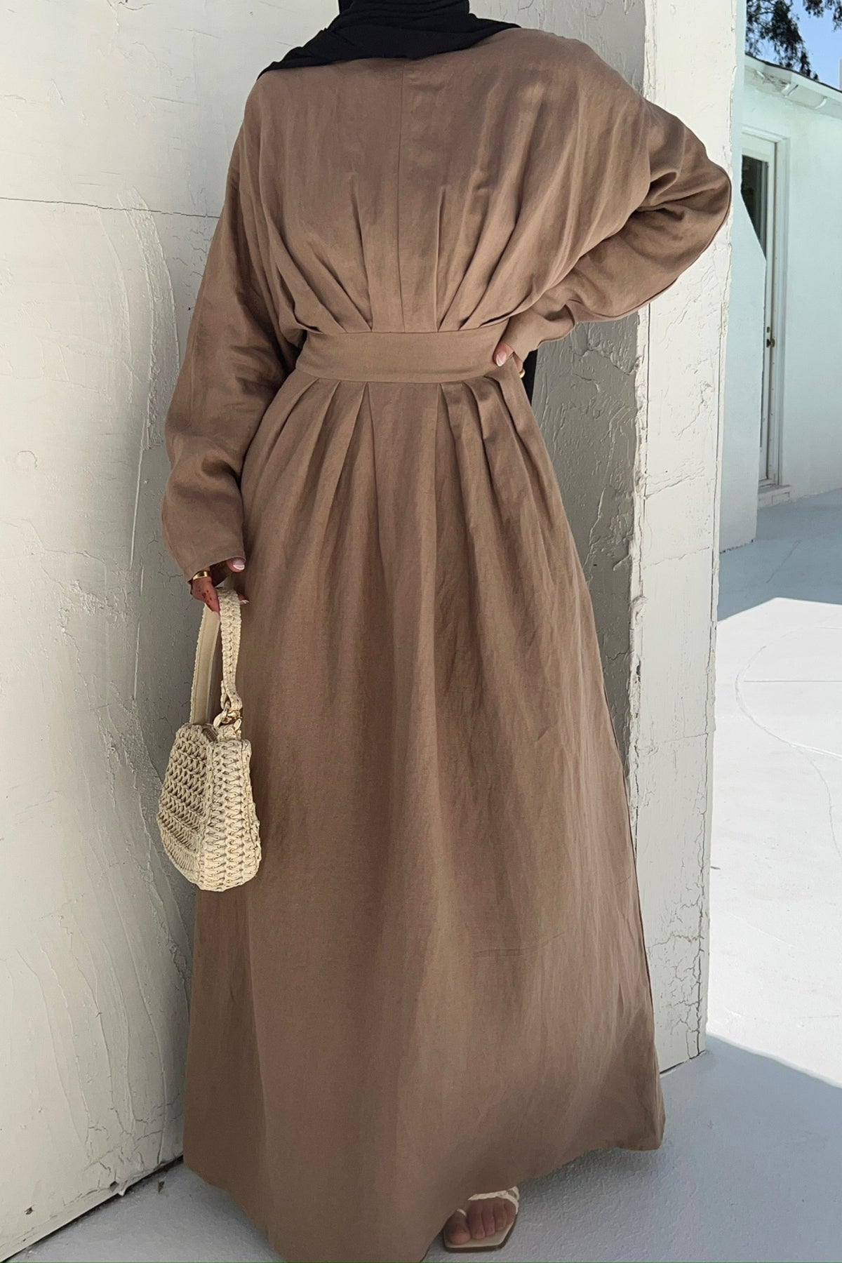 Nasira Linen Pleat Waist Maxi Dress - Latte Clothing Veiled 