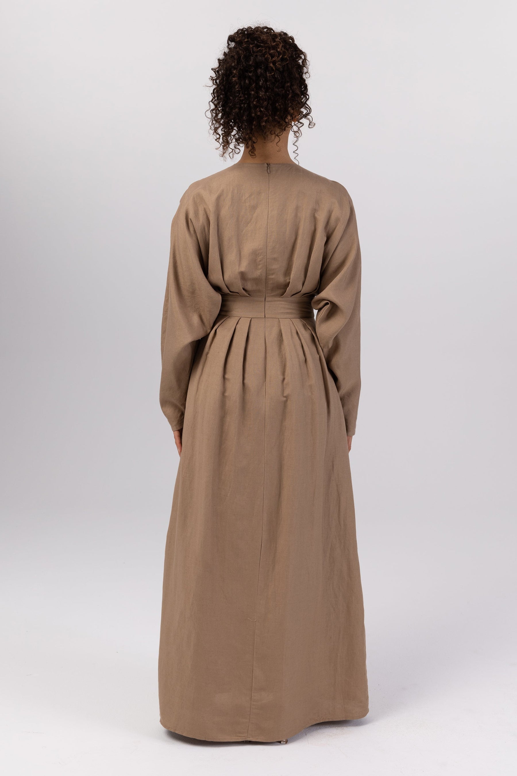 Nasira Linen Pleat Waist Maxi Dress - Latte (Grey) Veiled 
