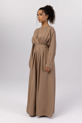 Nasira Linen Pleat Waist Maxi Dress - Latte (Grey) Veiled 