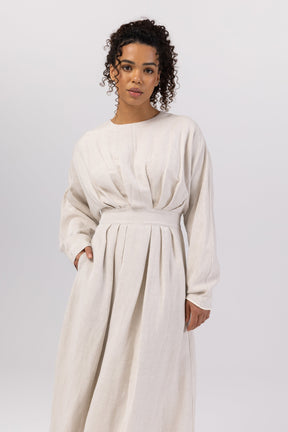 Nasira Linen Pleat Waist Maxi Dress - Off White (Light Grey) Veiled 