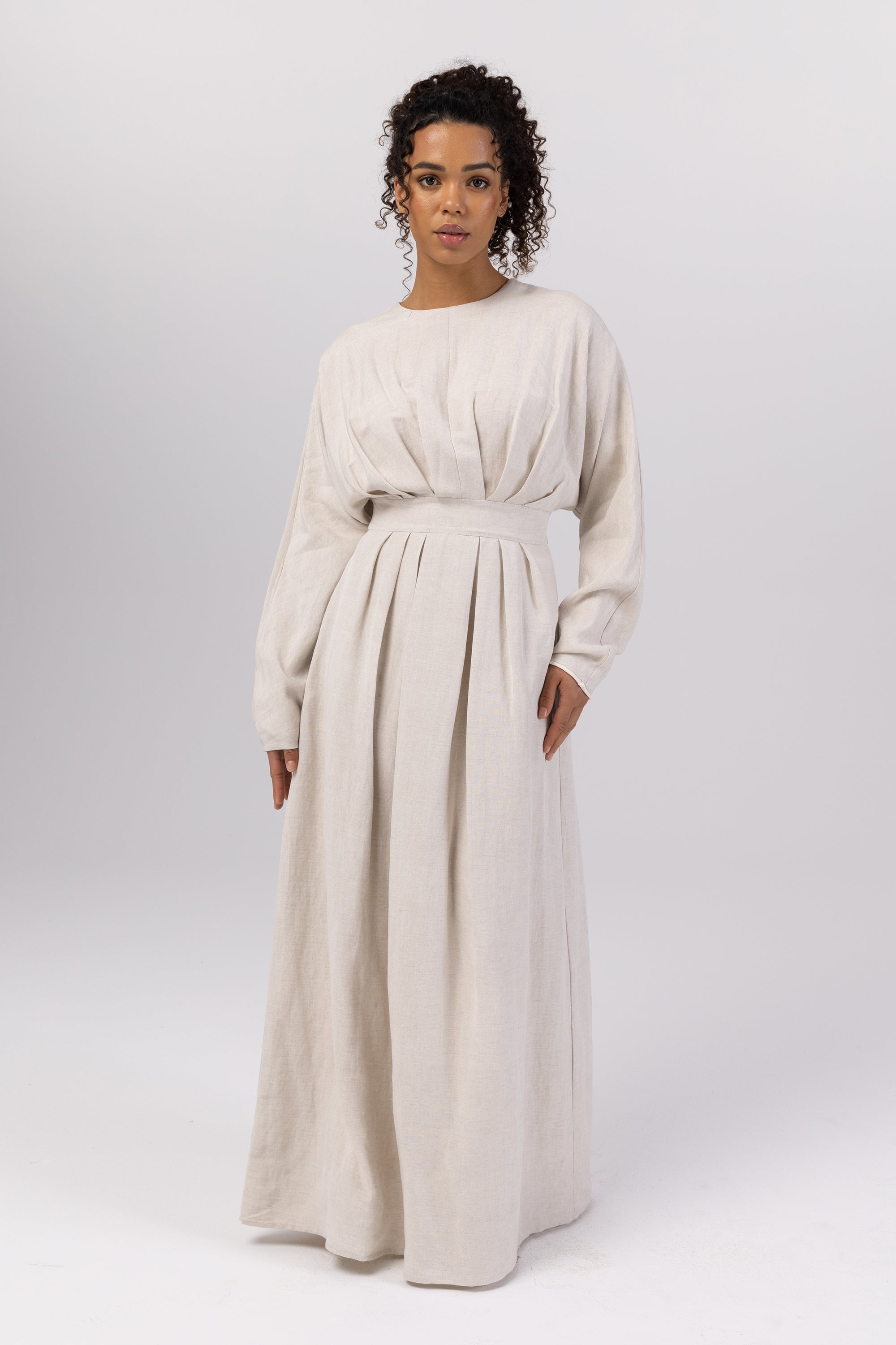 Nasira Linen Pleat Waist Maxi Dress - Off White