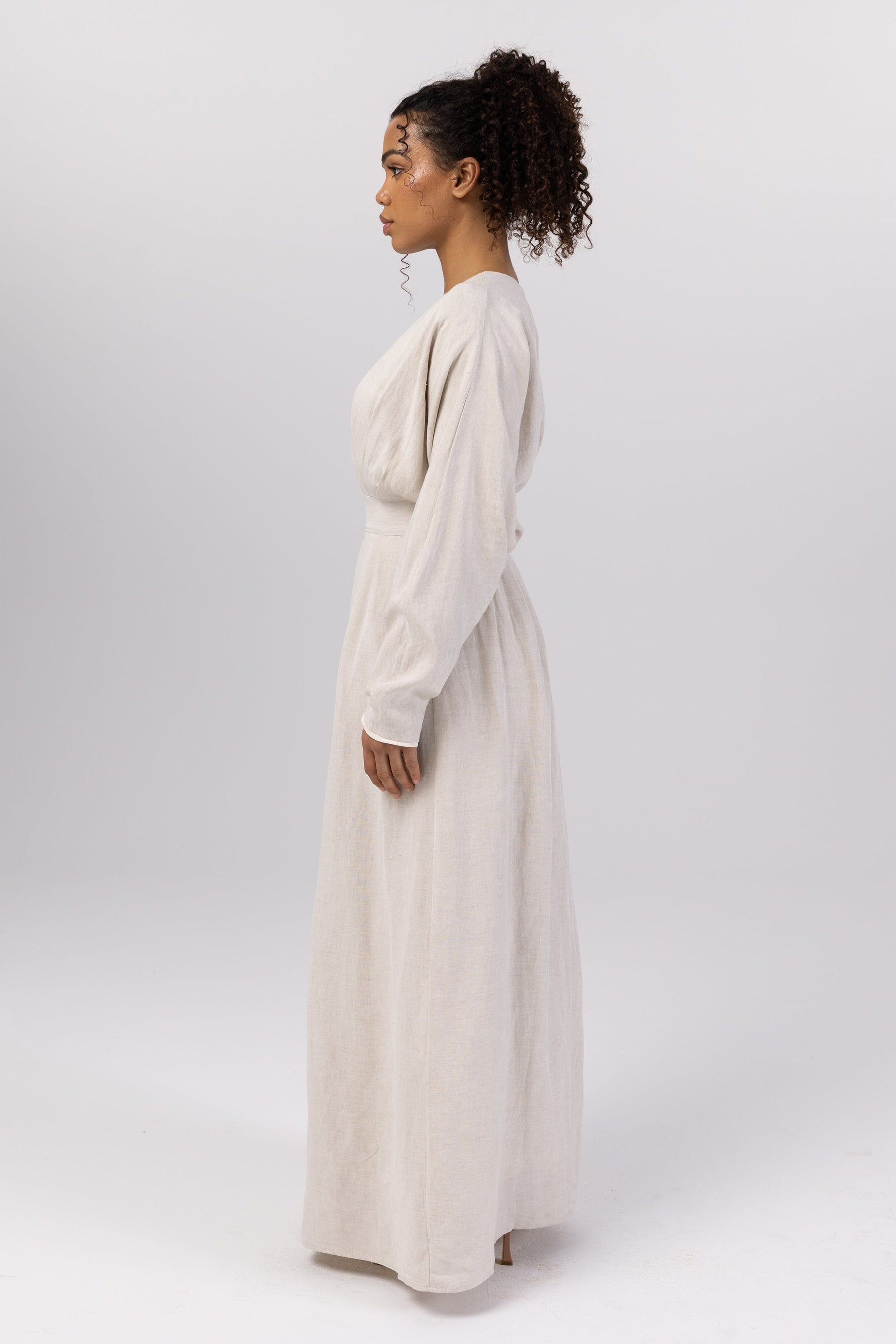 Nasira Linen Pleat Waist Maxi Dress - Off White (Light Grey) Veiled 