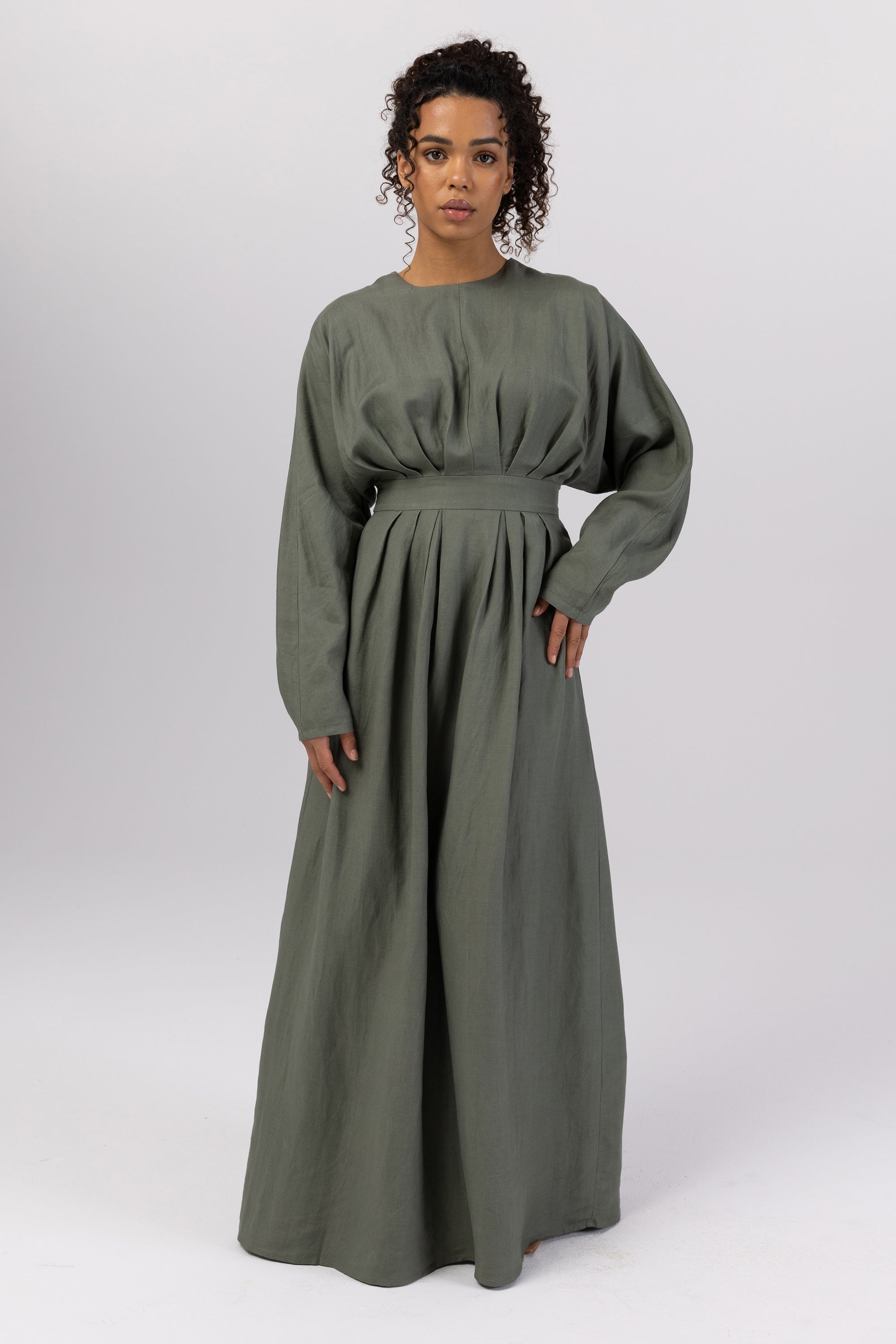 Nasira Linen Pleat Waist Maxi Dress - Sage Veiled 