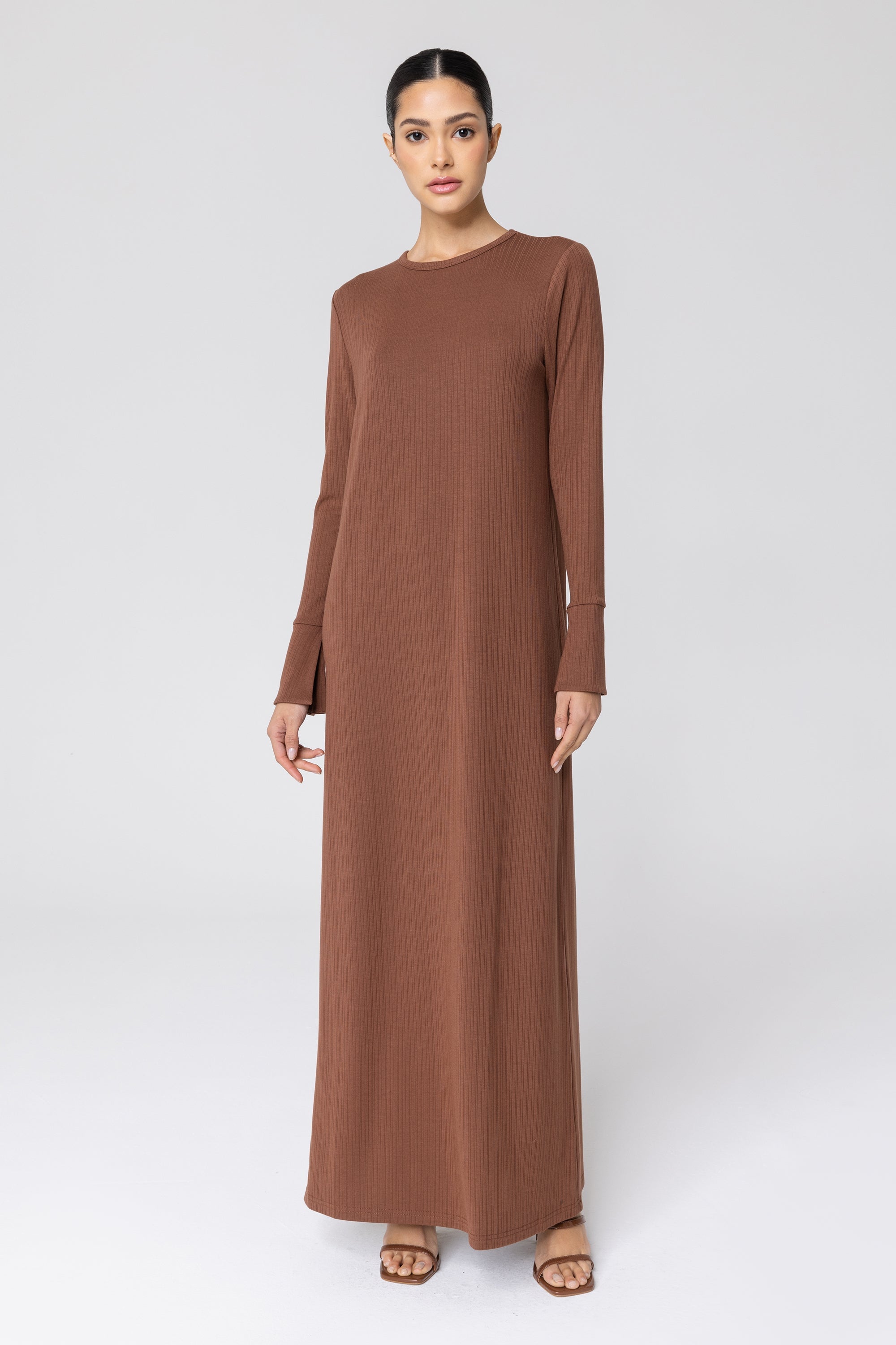 Natalia Ribbed Split Cuff Maxi Dress - Brown Veiled Collection 