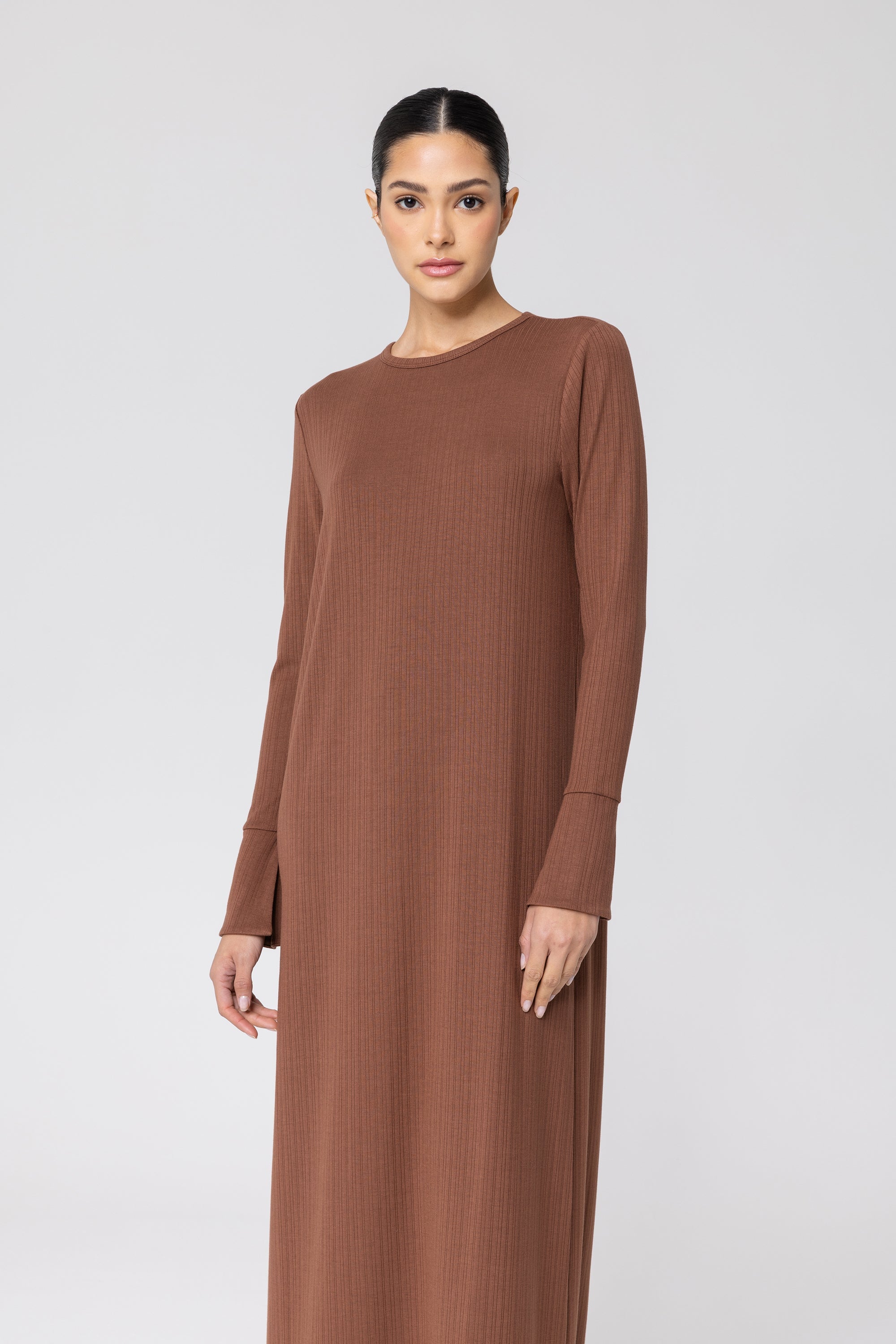 Natalia Ribbed Split Cuff Maxi Dress - Brown Veiled Collection 