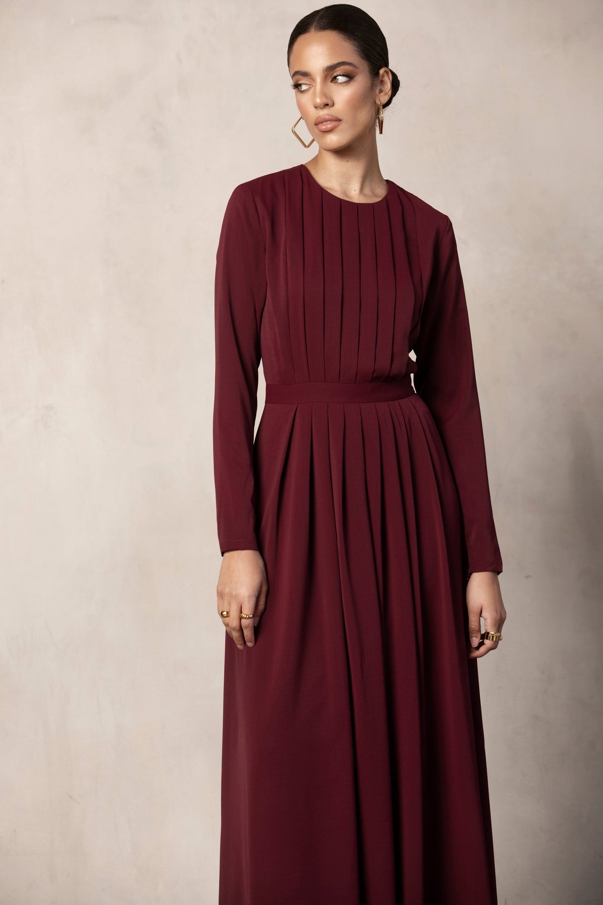 Nayala Pleated Front Maxi Dress - Burgundy Veiled Collection 