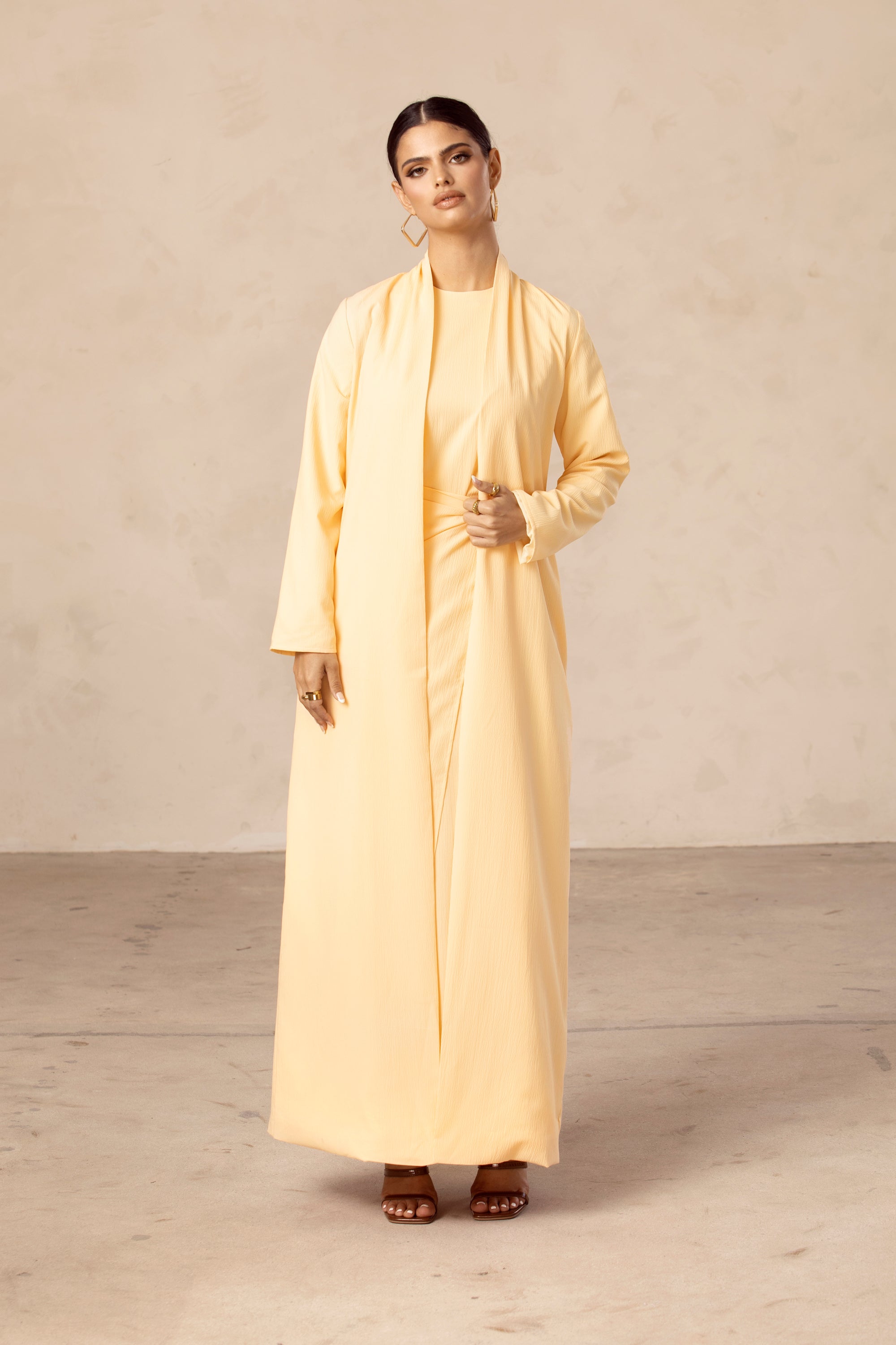 Noora Textured Three Piece Abaya Set - Citrus Yellow Veiled Collection 