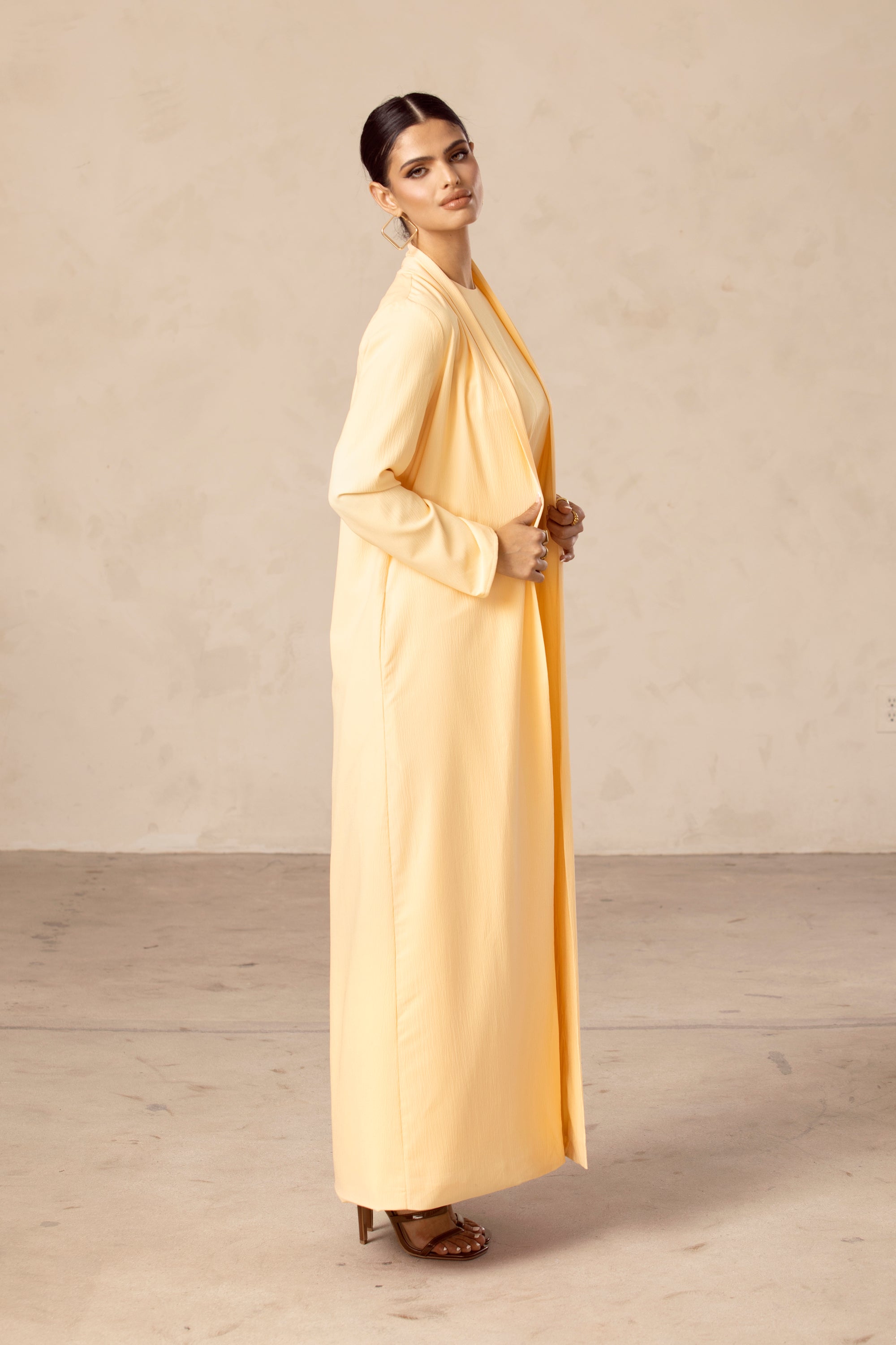 Noora Textured Three Piece Abaya Set - Citrus Yellow Veiled Collection 