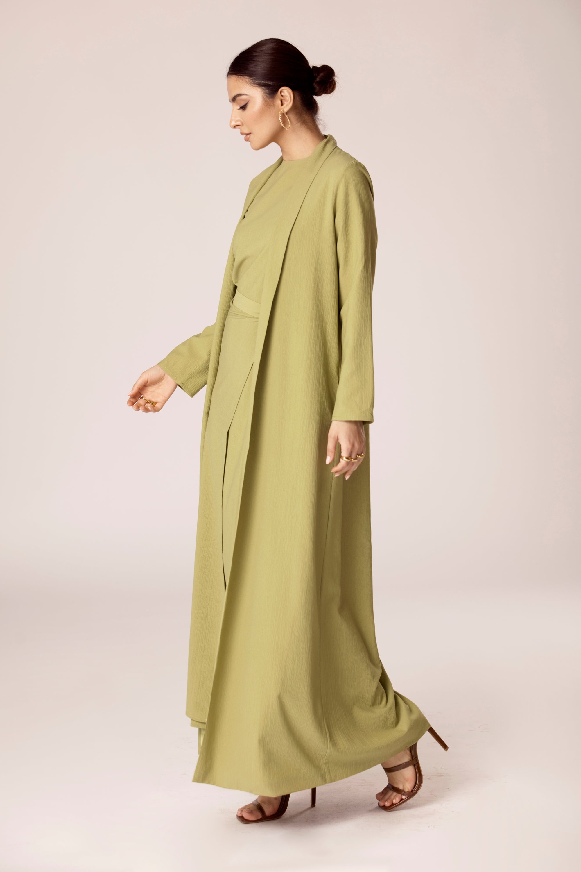 Noora Textured Three Piece Abaya Set - Cypress Green Veiled Collection 