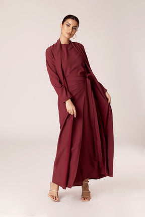 Noora Textured Three Piece Abaya Set - Ruby Red Veiled Collection 
