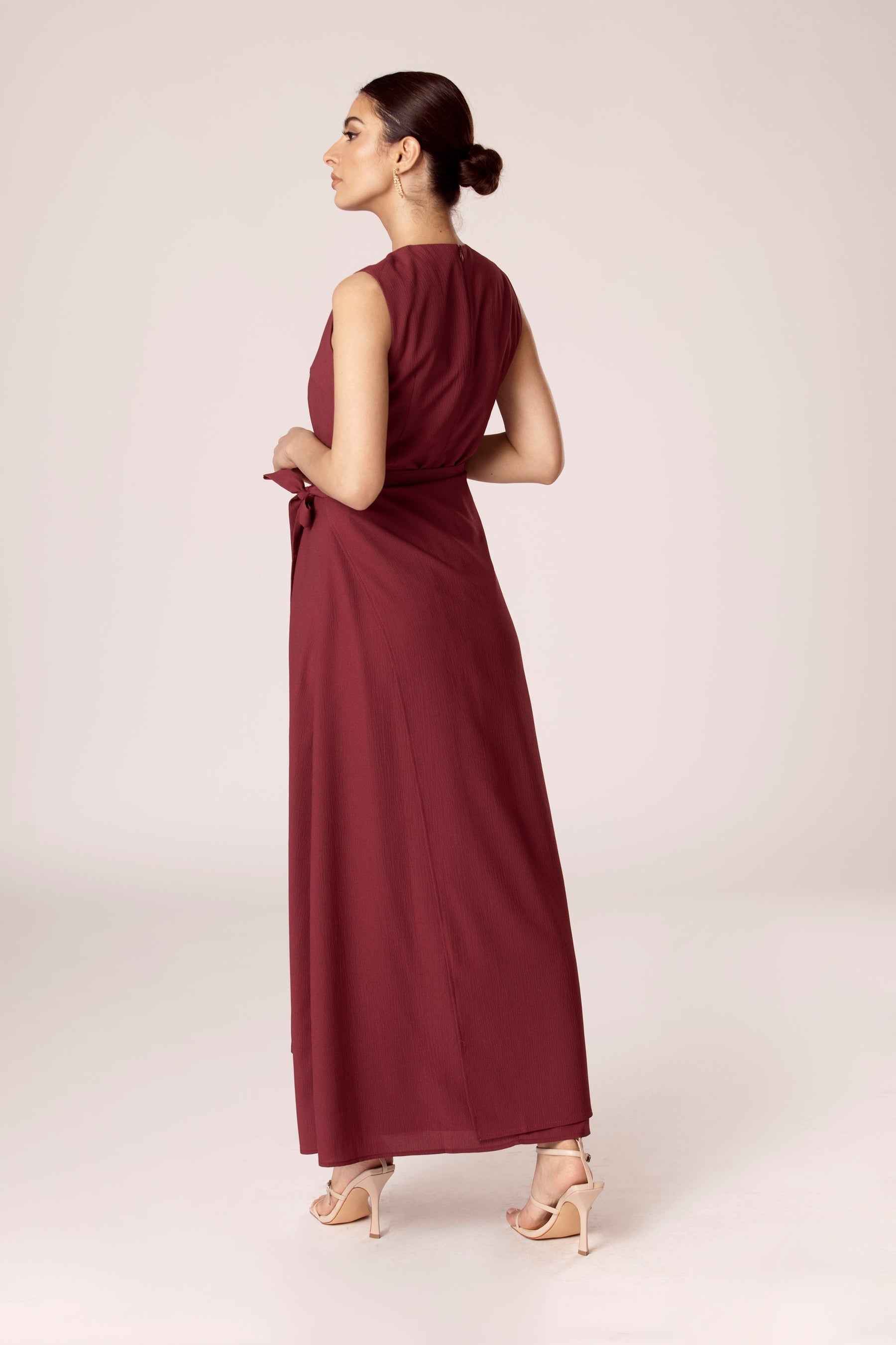 Noora Textured Three Piece Abaya Set - Ruby Red Veiled Collection 