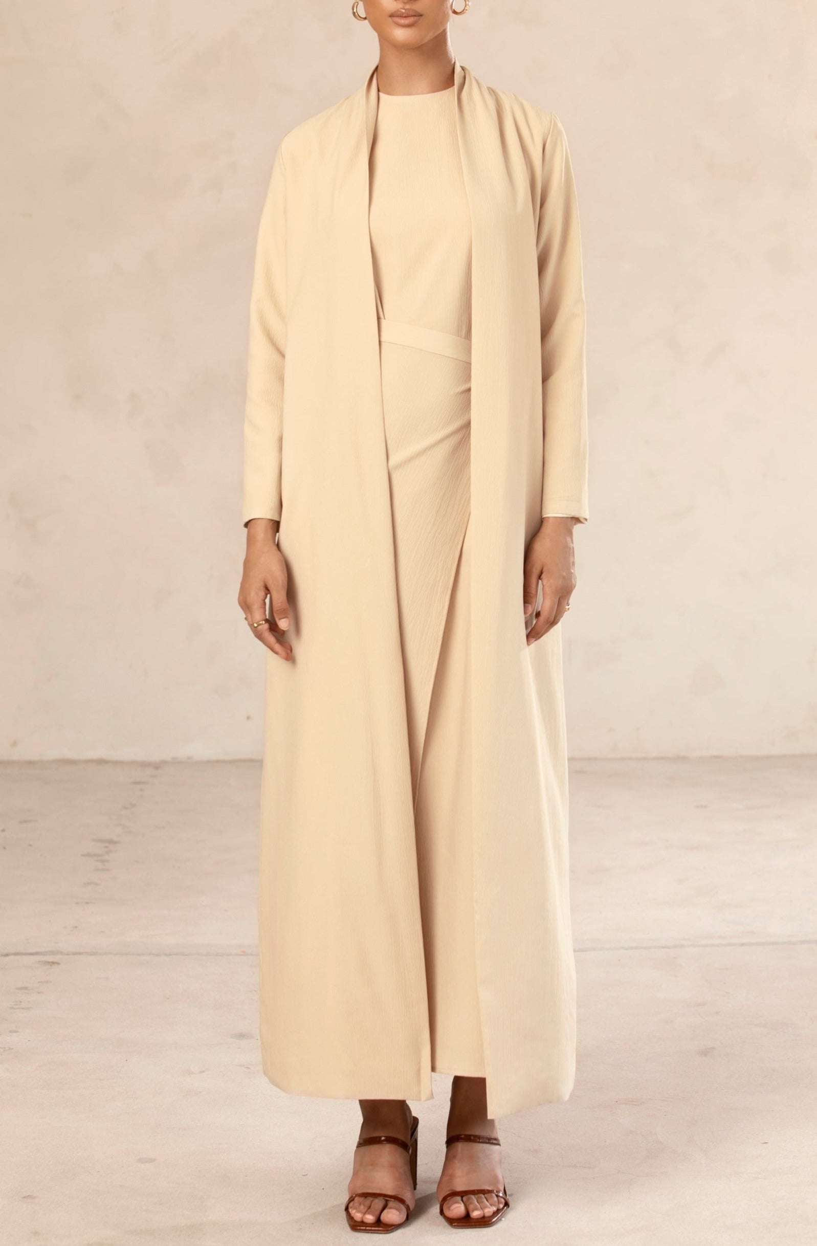 Noora Textured Three Piece Abaya Set - Sand Beige Veiled Collection 
