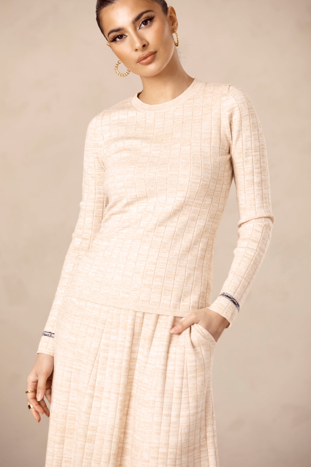 Oatmeal Knit Ribbed Top Veiled Collection 