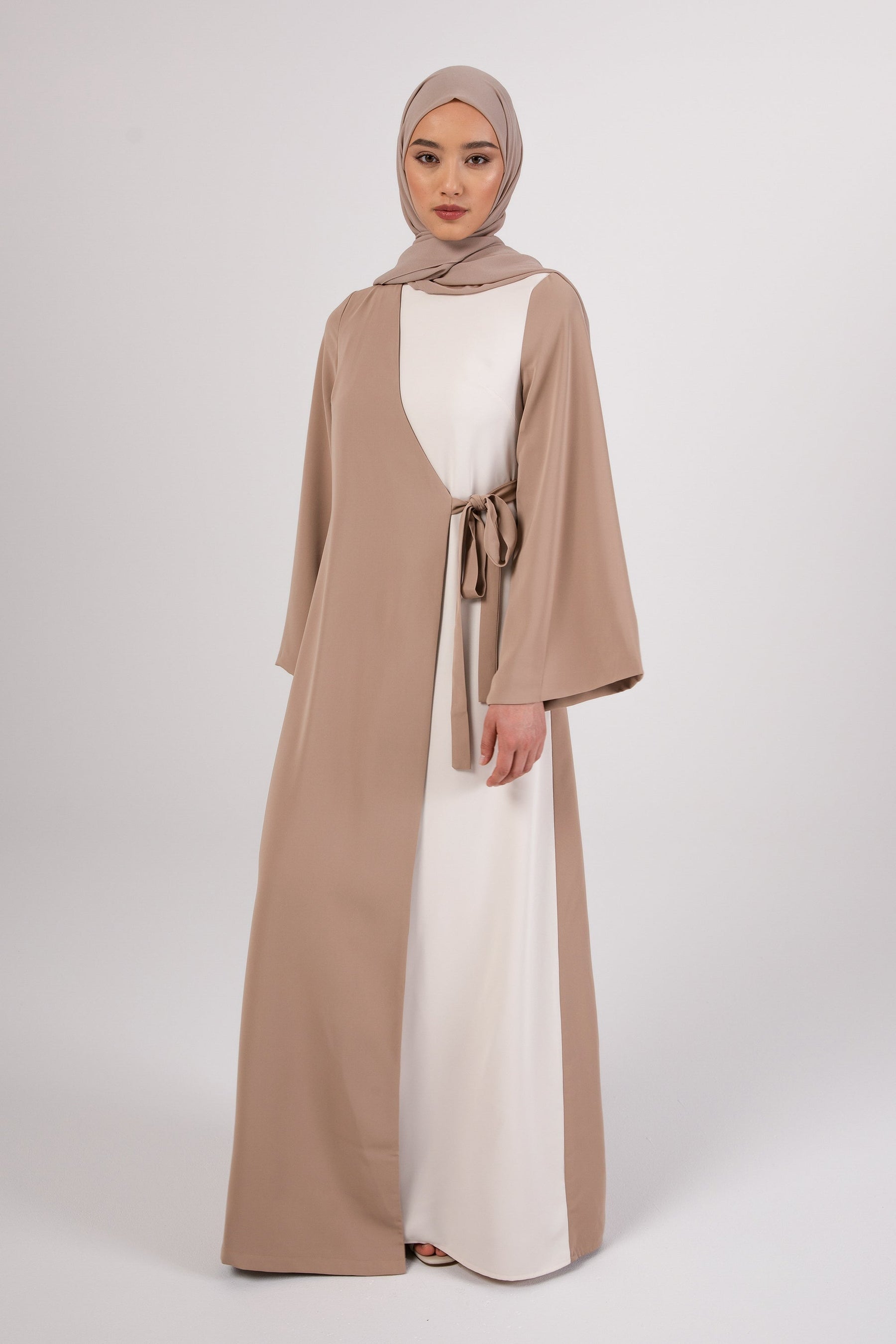 Omaya Two Tone Wrap Front Maxi Dress - Caffe Veiled 