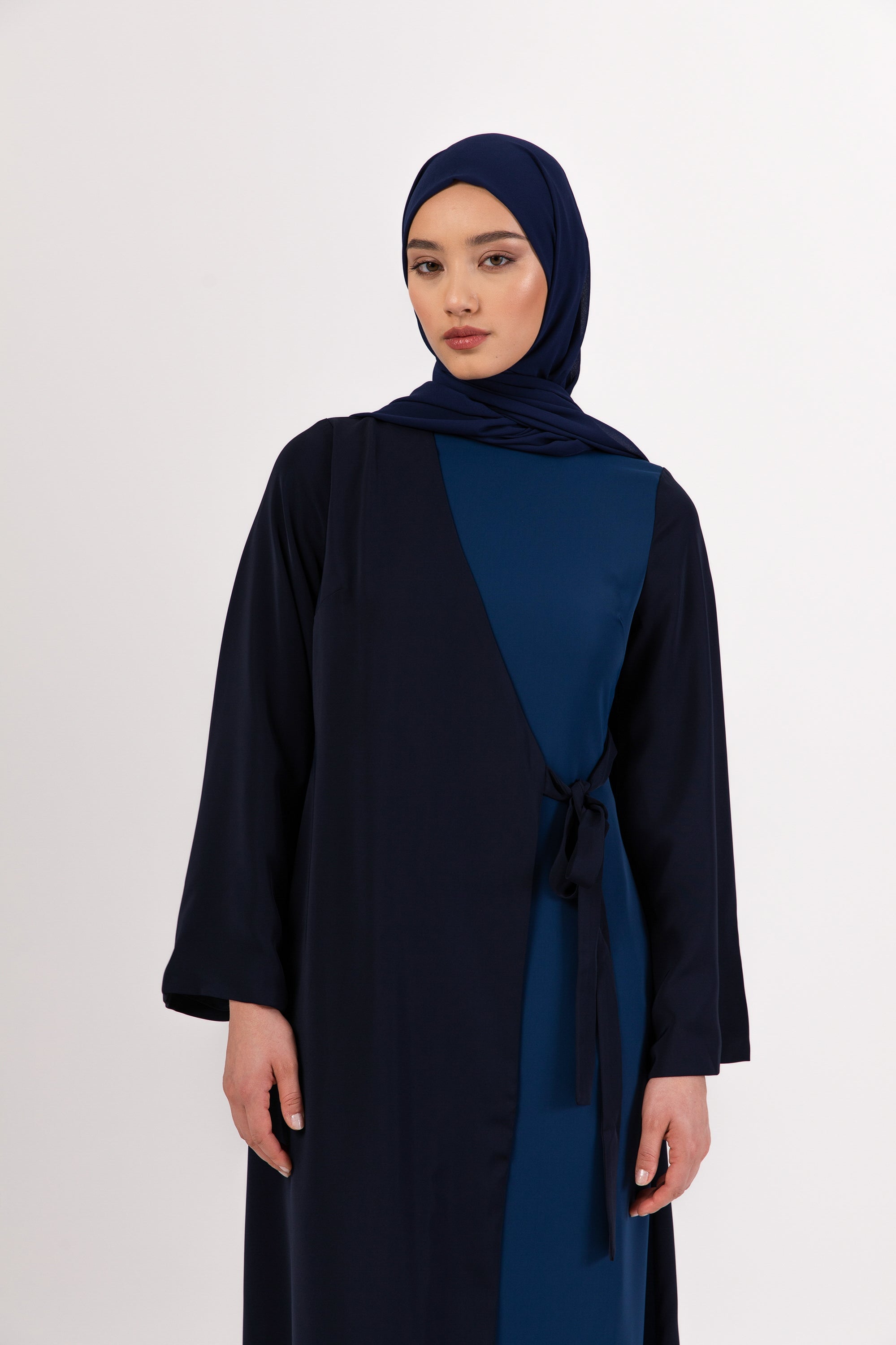 Omaya Two Tone Wrap Front Maxi Dress - Dark Blue Veiled 