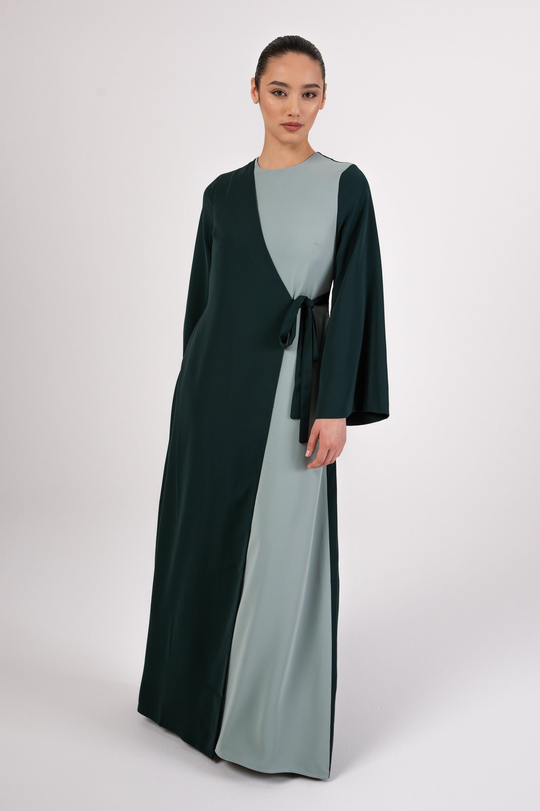 Omaya Two Tone Wrap Front Maxi Dress - Emerald Veiled 