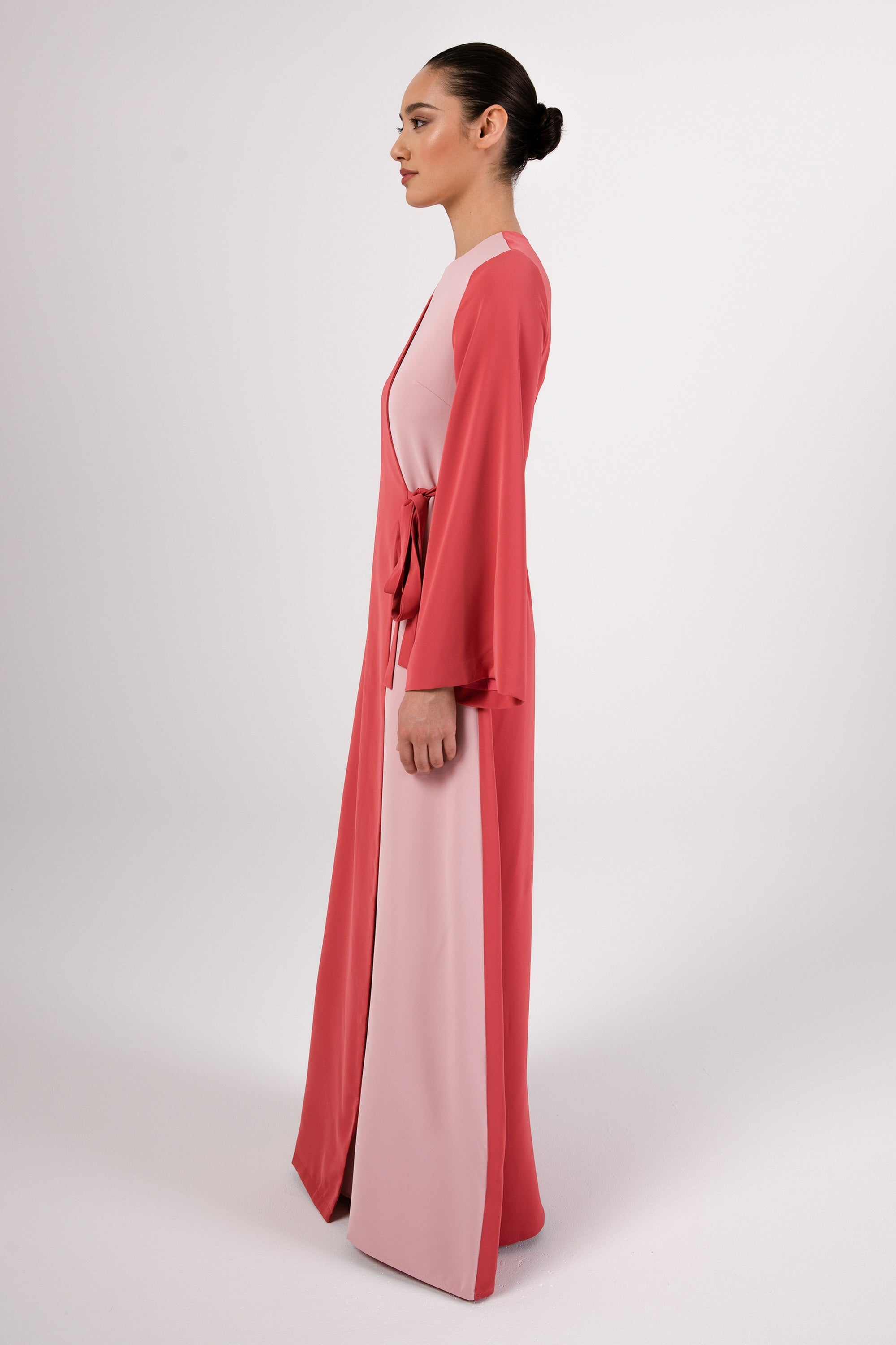Omaya Two Tone Wrap Front Maxi Dress - Rosewood Pink Veiled 