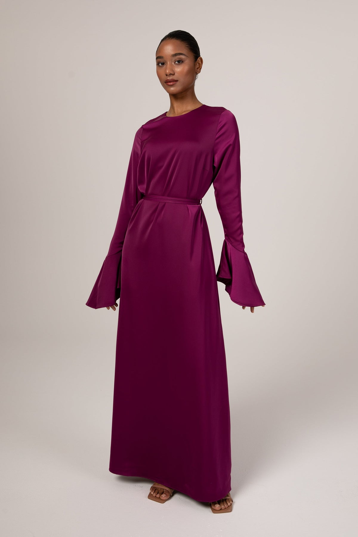 Omera Flare Cuff Satin Maxi Dress - Deep Purple Veiled Collection 