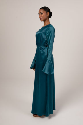 Omera Flare Cuff Satin Maxi Dress - Deep Teal Veiled Collection 