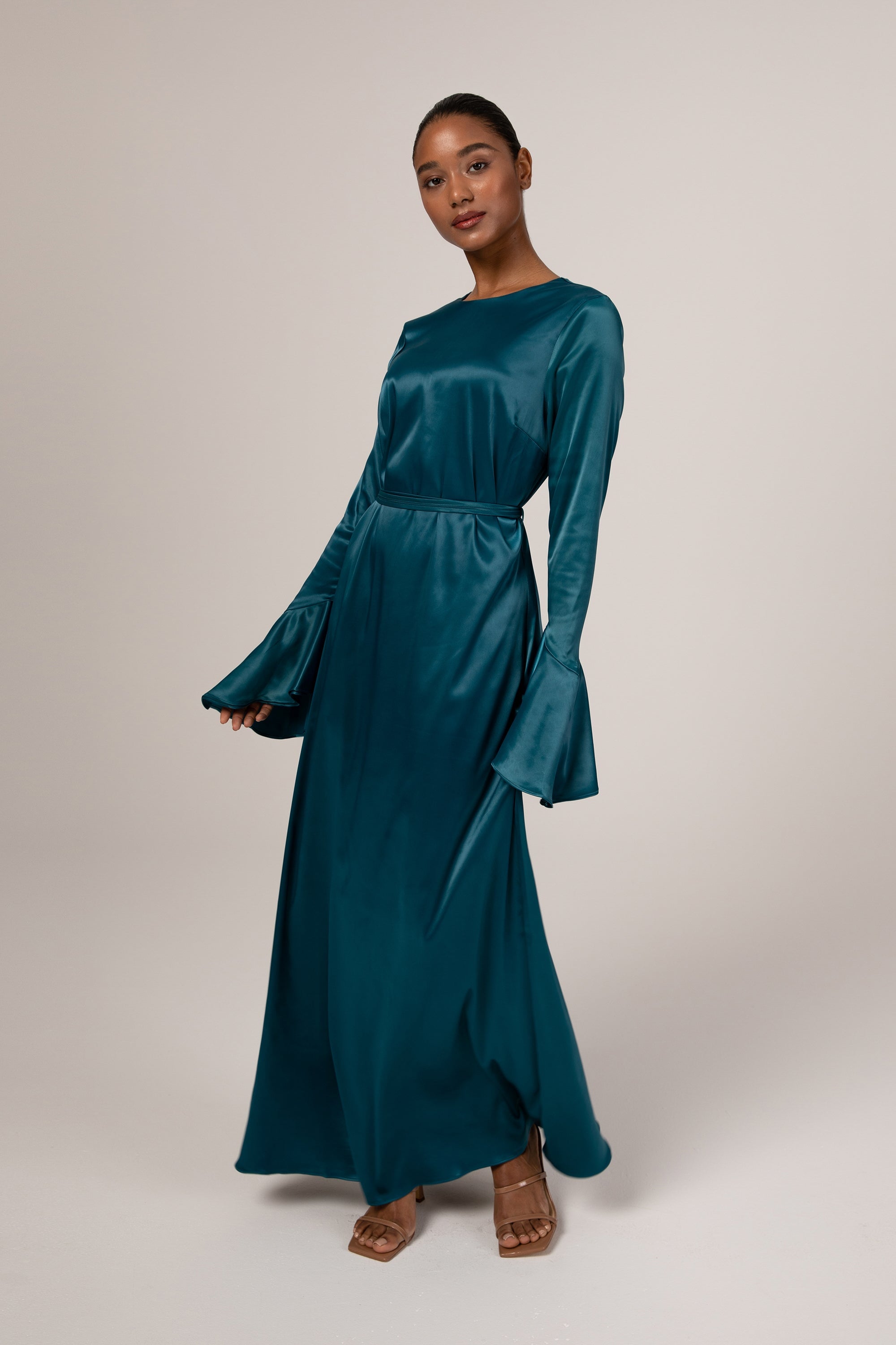 Omera Flare Cuff Satin Maxi Dress - Deep Teal