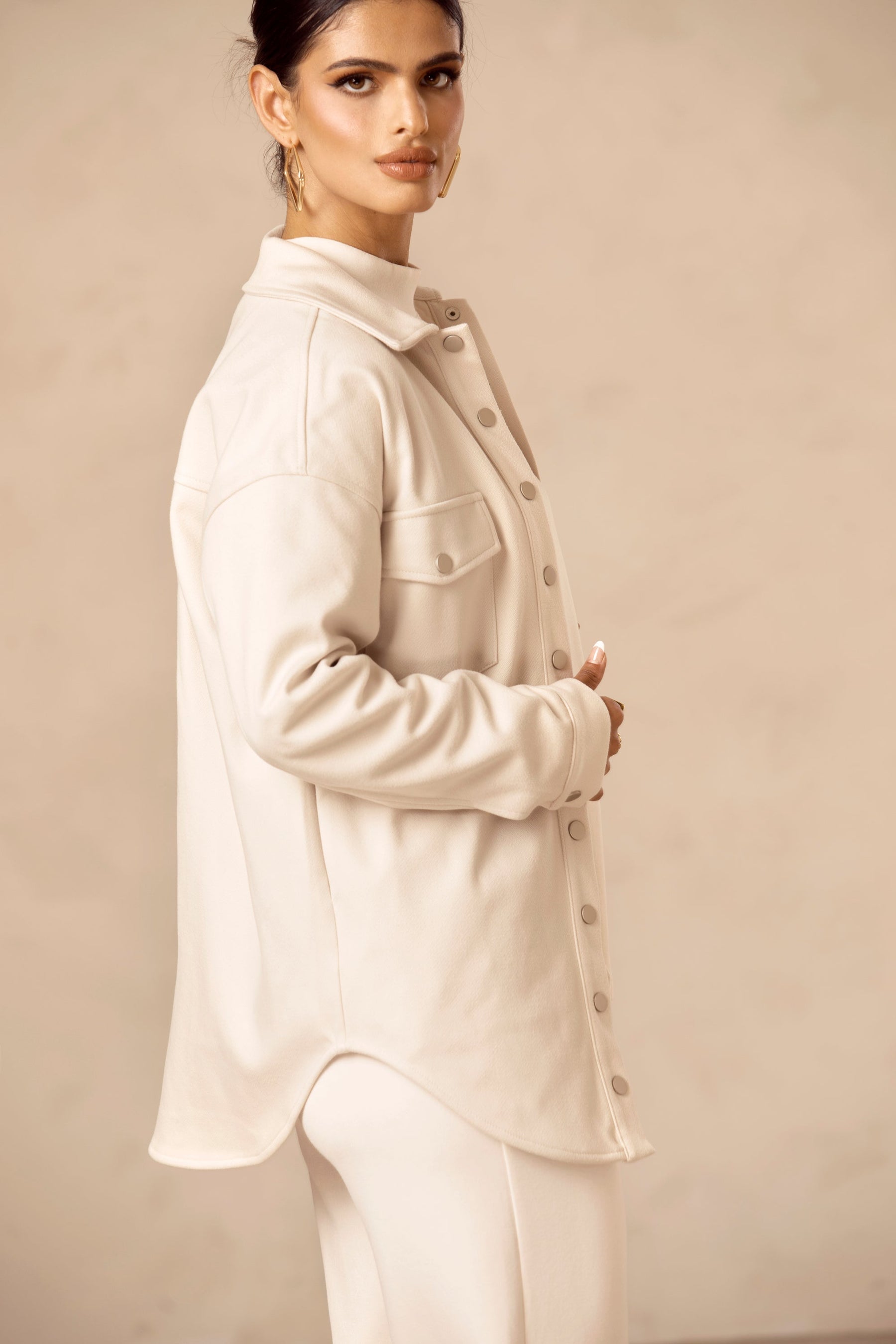 Oversized Button Down Shacket - White Sand Veiled Collection 