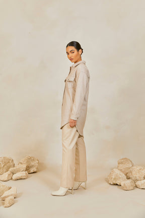 Oversized Longline Button Down Shacket - Beige Veiled Collection 