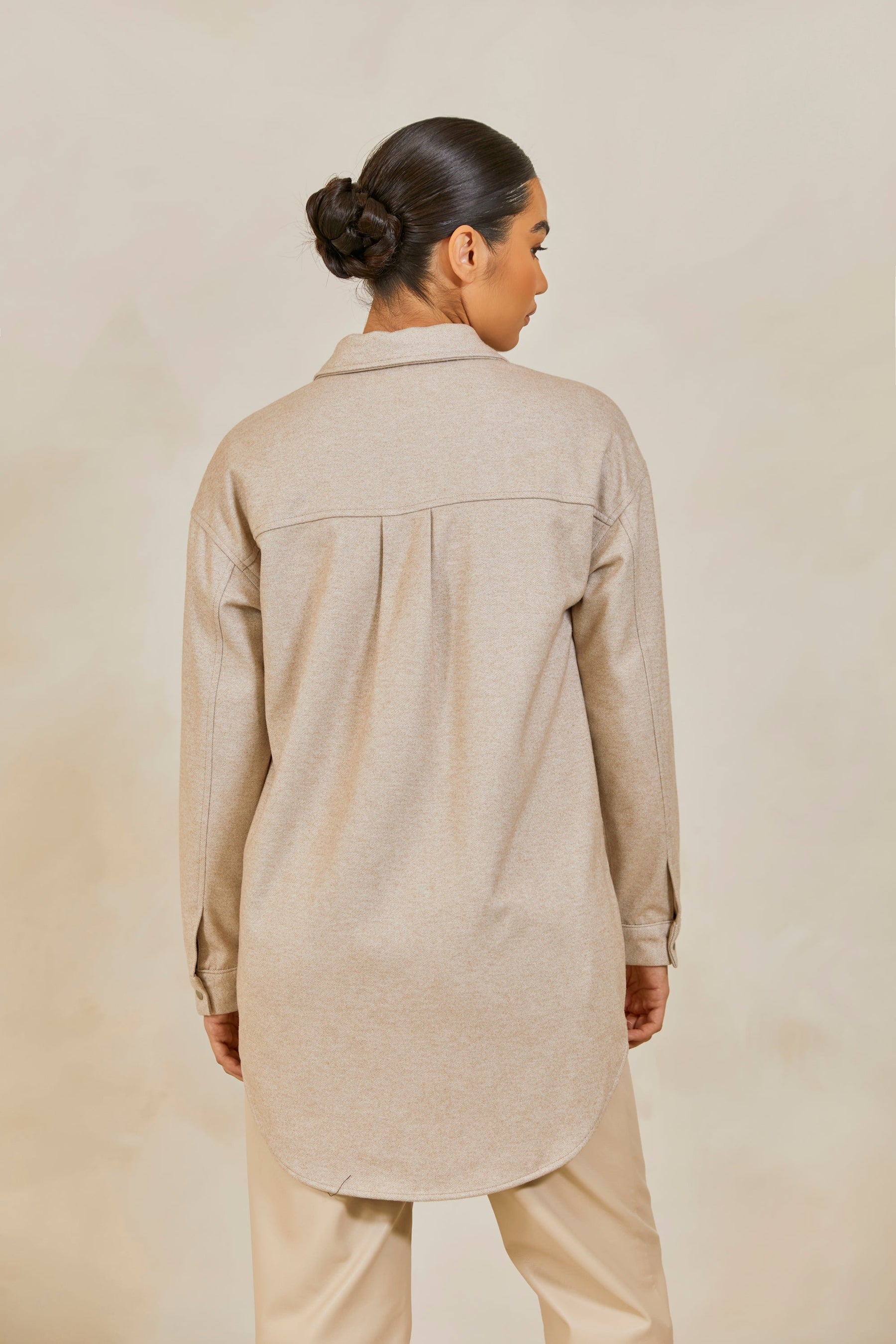 Oversized Longline Button Down Shacket - Beige Veiled Collection 