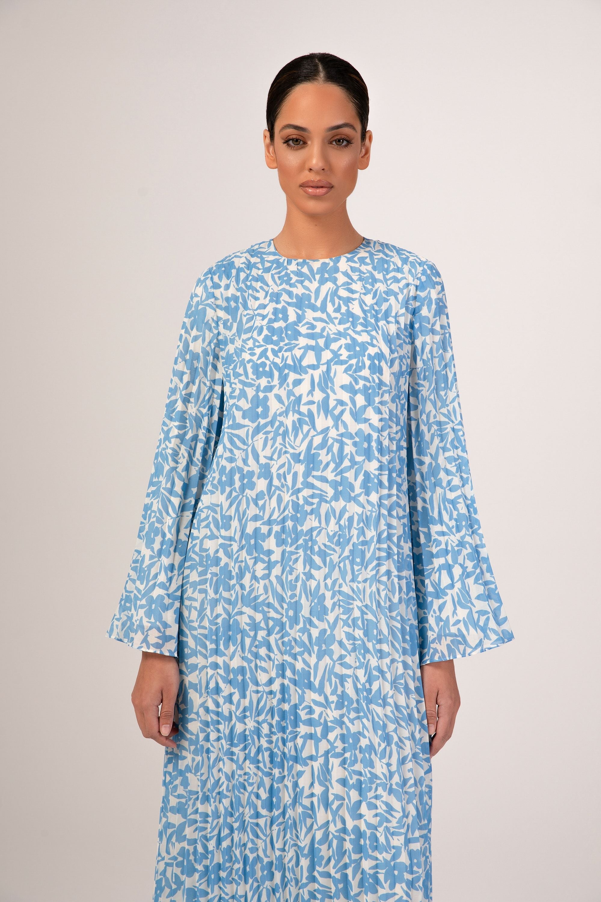 Pleated Printed Shift Maxi Dress - Azure Blue Veiled Collection 