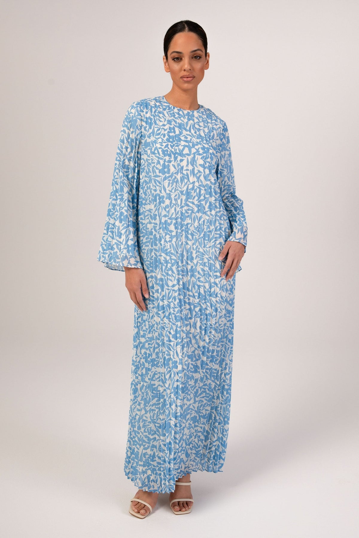 Pleated Printed Shift Maxi Dress - Azure Blue Veiled Collection 