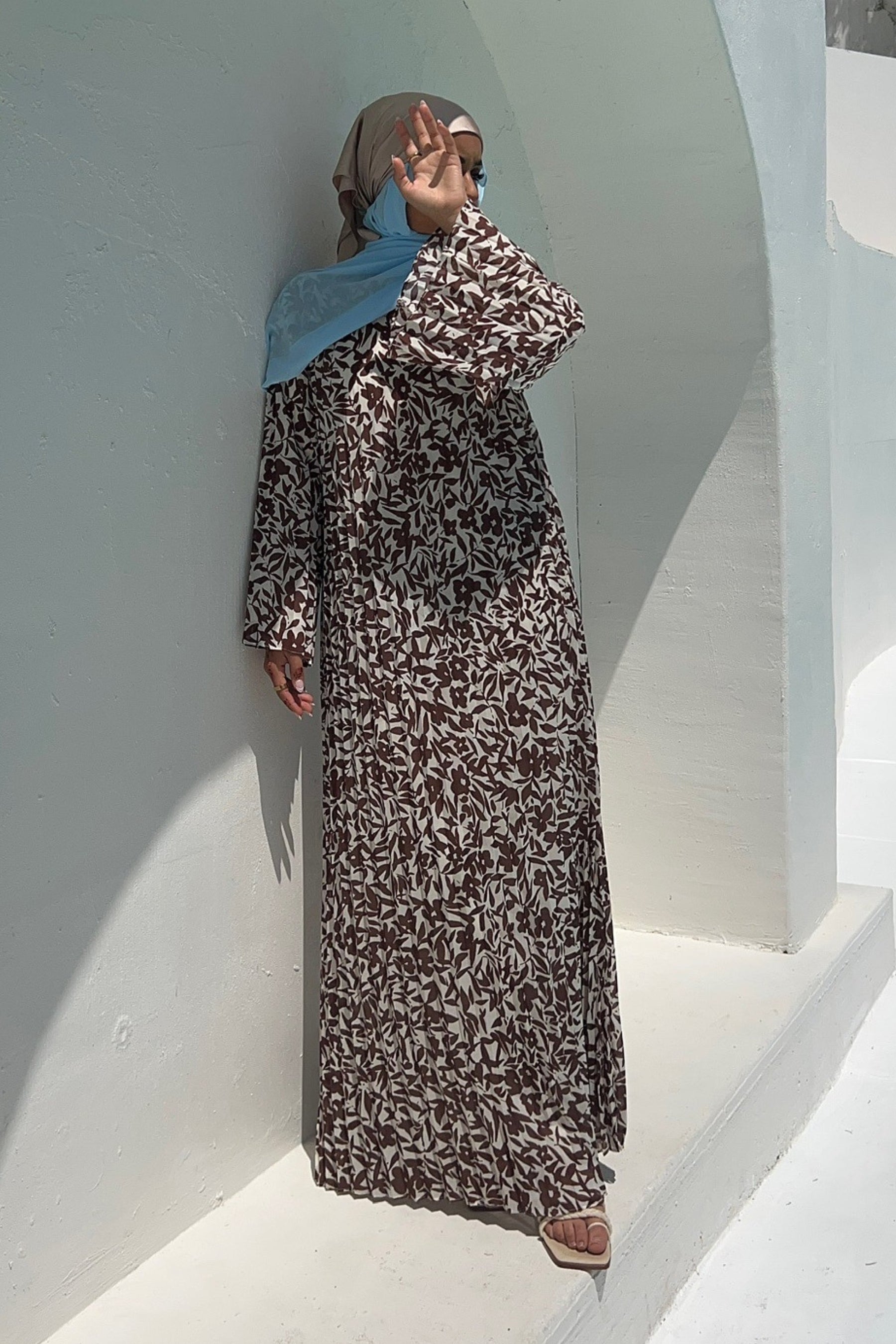 Pleated Printed Shift Maxi Dress - Brown Clothing Veiled Collection 