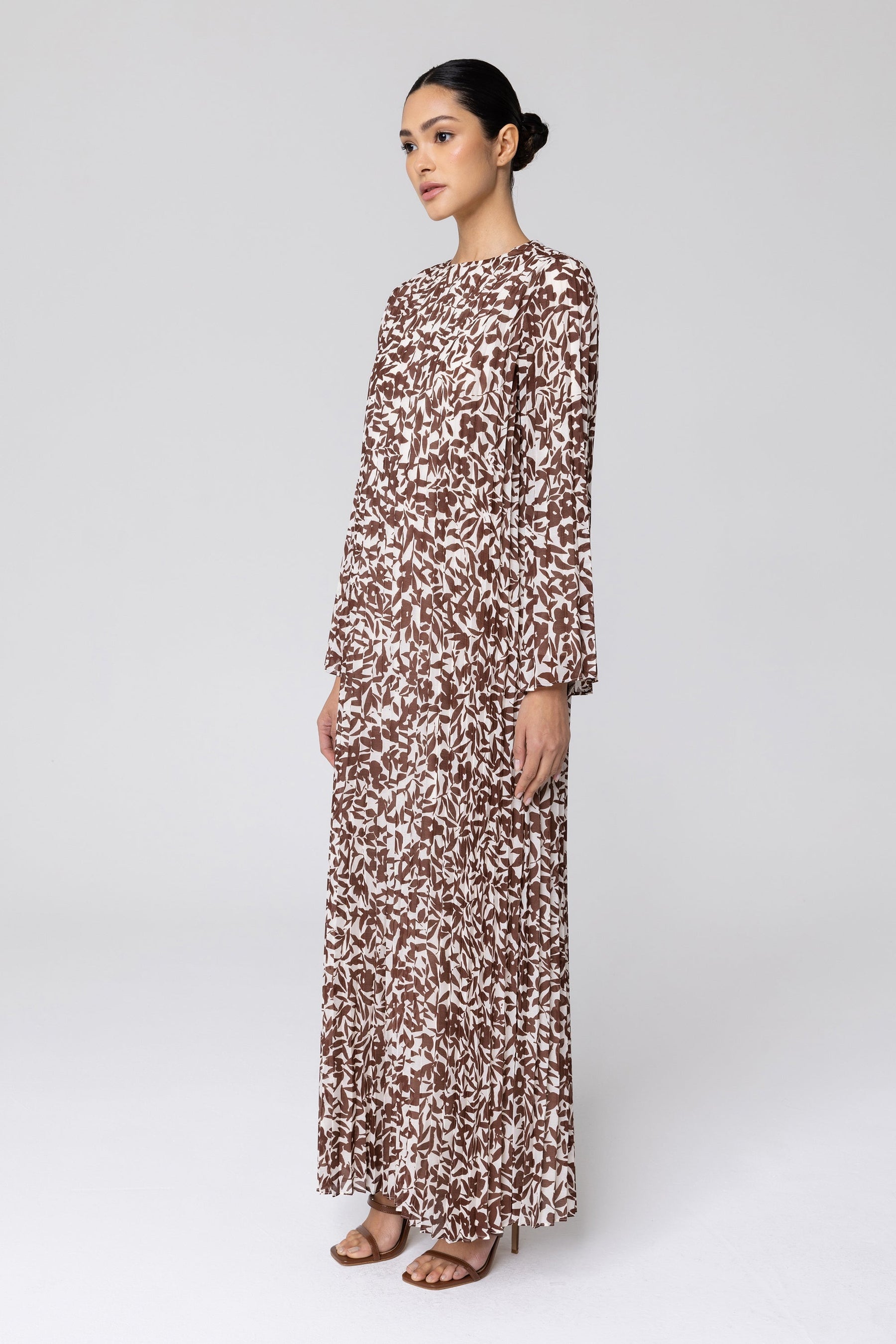 Pleated Printed Shift Maxi Dress - Brown Veiled Collection 