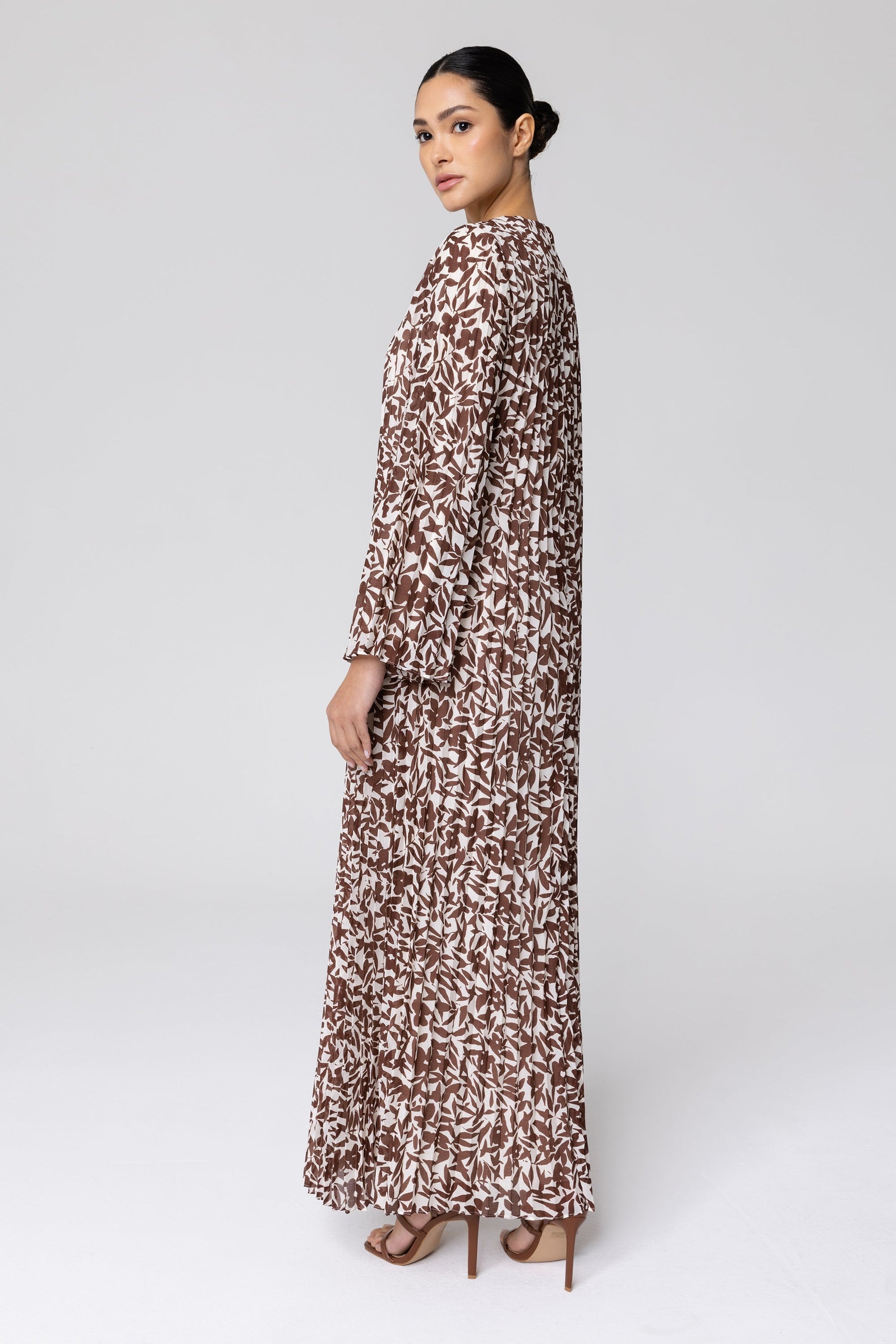 Pleated Printed Shift Maxi Dress - Brown Veiled Collection 