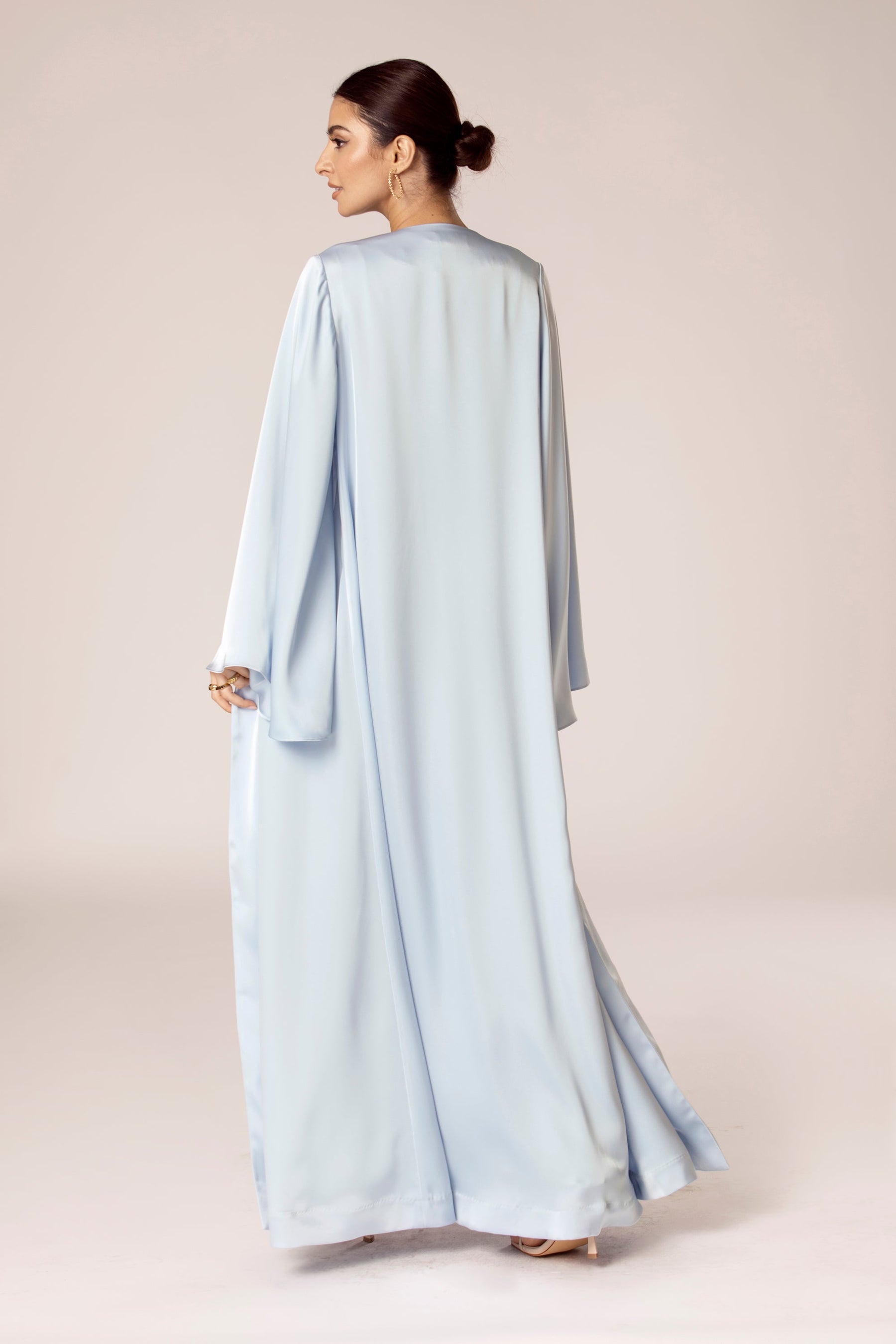 Powder Blue Bell Sleeve Satin Open Abaya Veiled Collection 