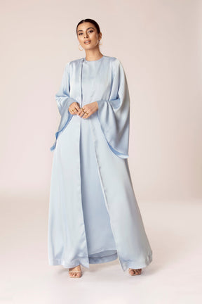 Powder Blue Bell Sleeve Satin Open Abaya Veiled Collection 