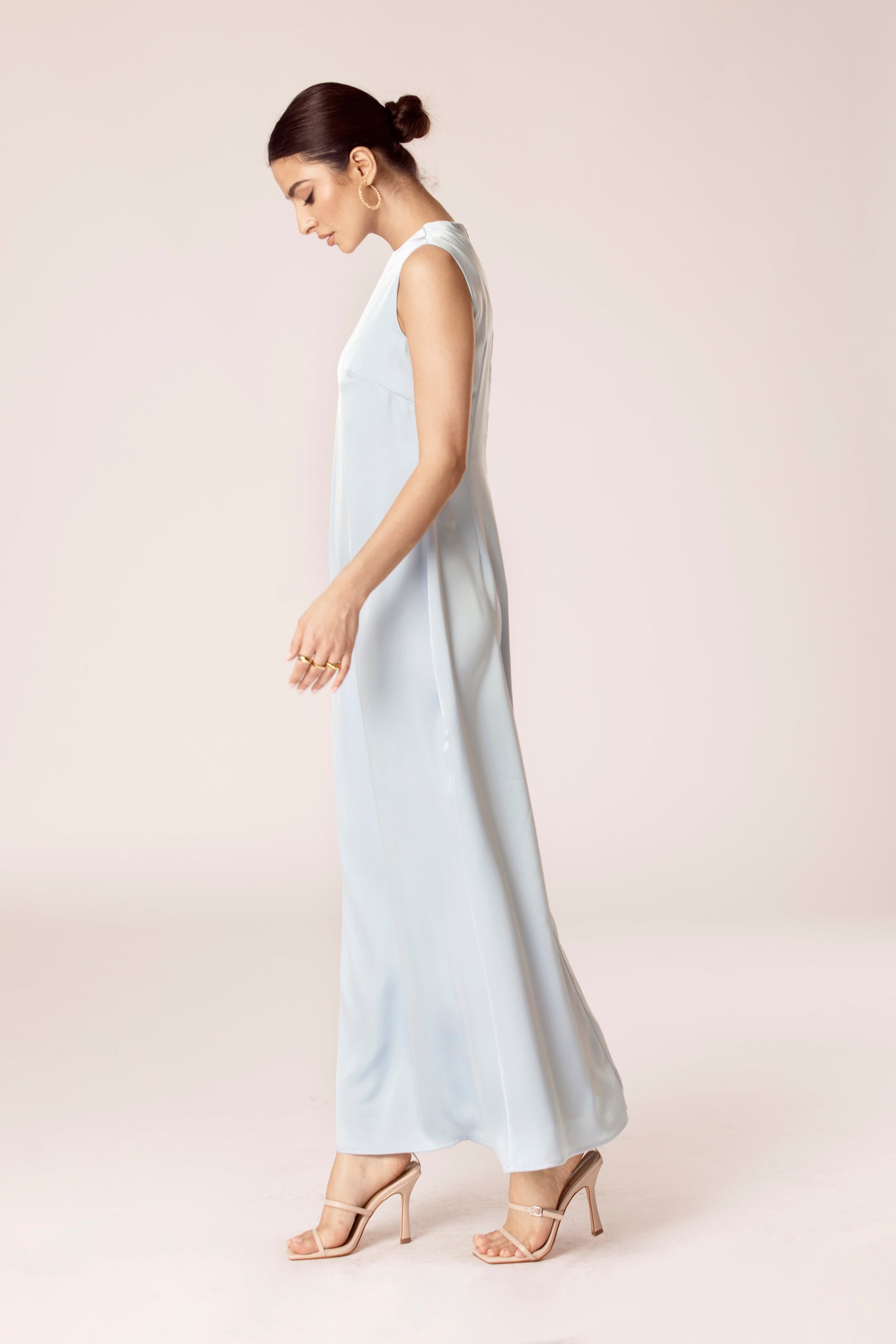 Powder Blue Satin Sleeveless Maxi Dress Veiled Collection 