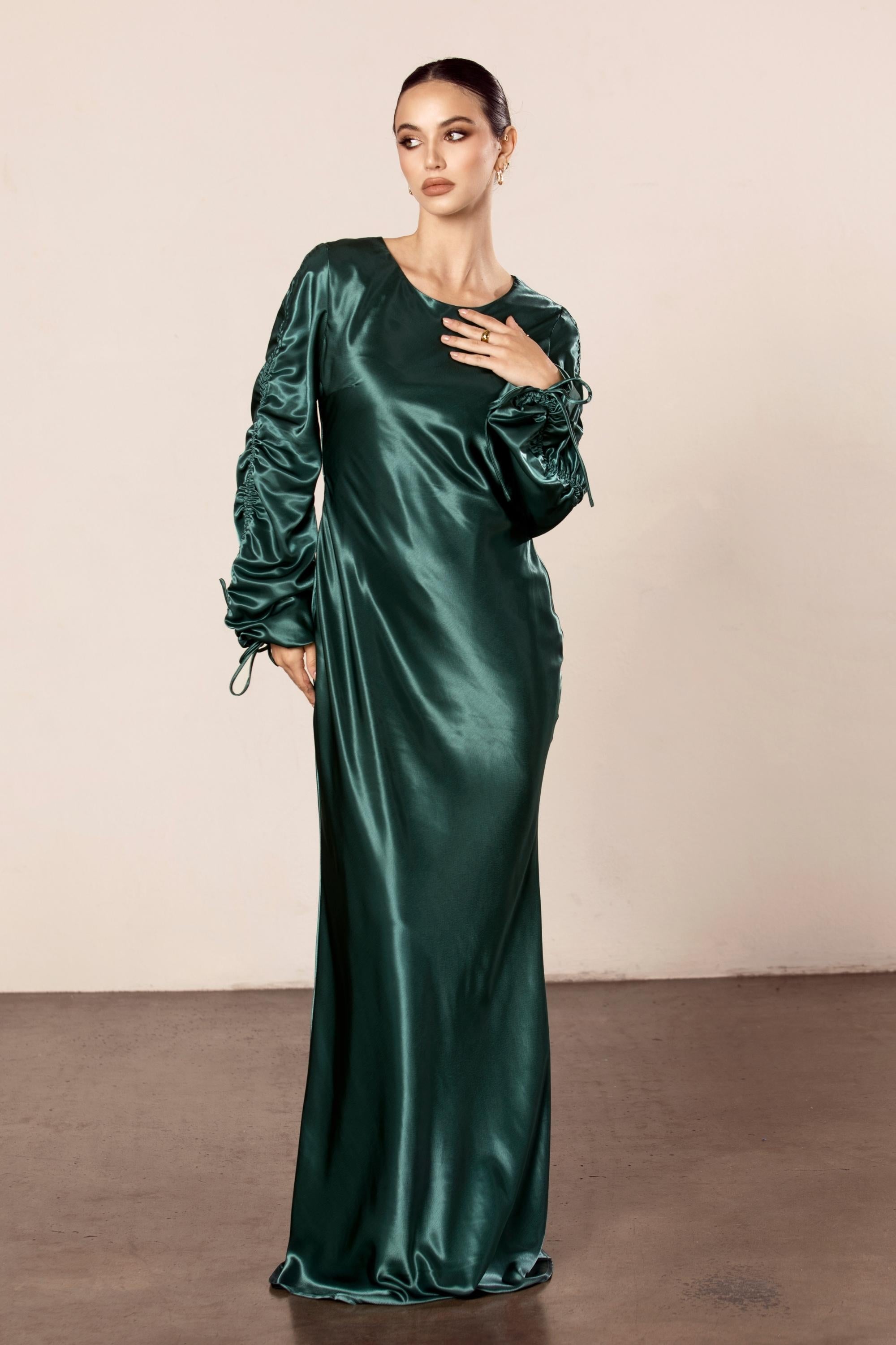 Rahma Rouched Sleeve Satin Maxi Dress - Teal Veiled Collection 