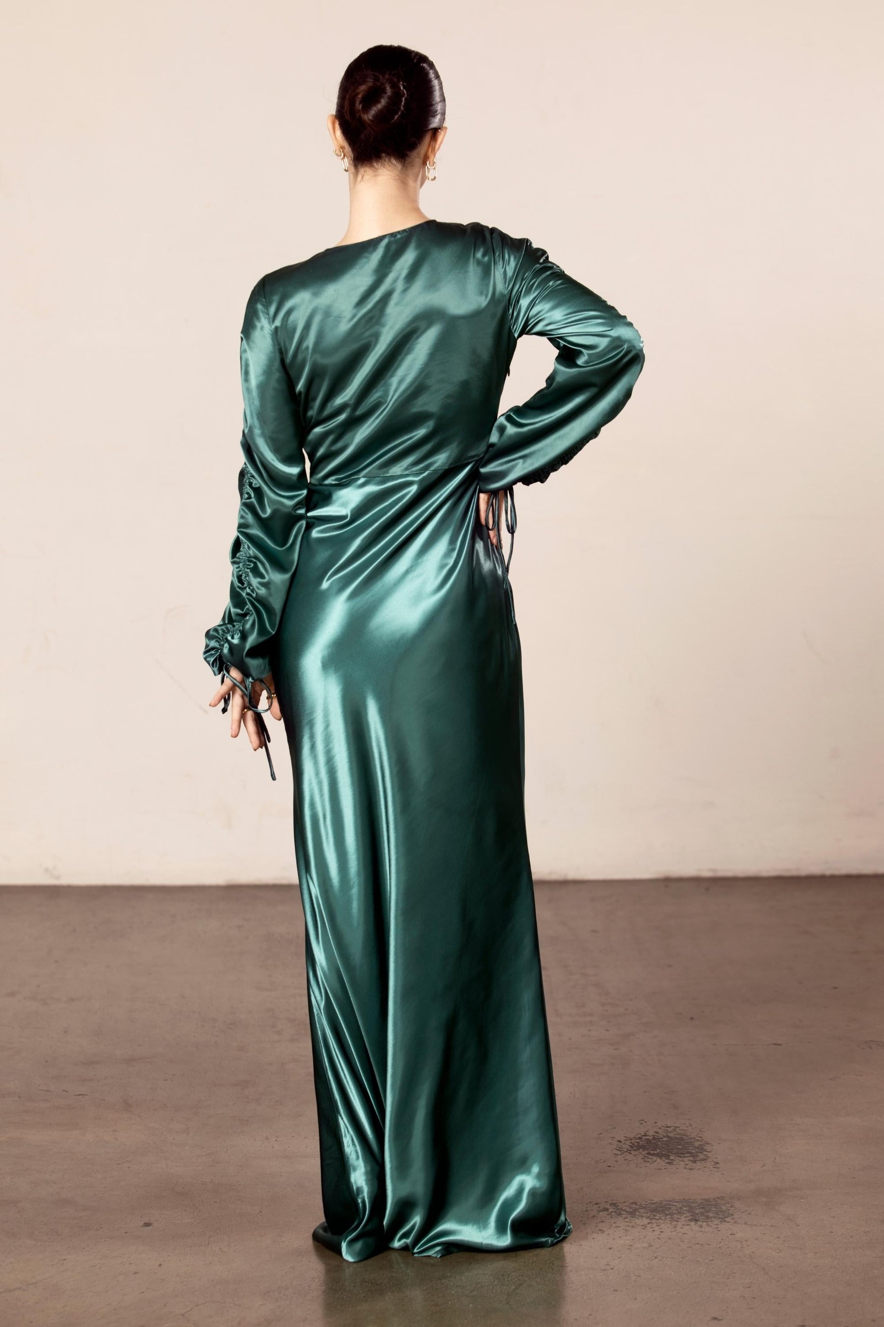 Rahma Rouched Sleeve Satin Maxi Dress - Teal Veiled Collection 