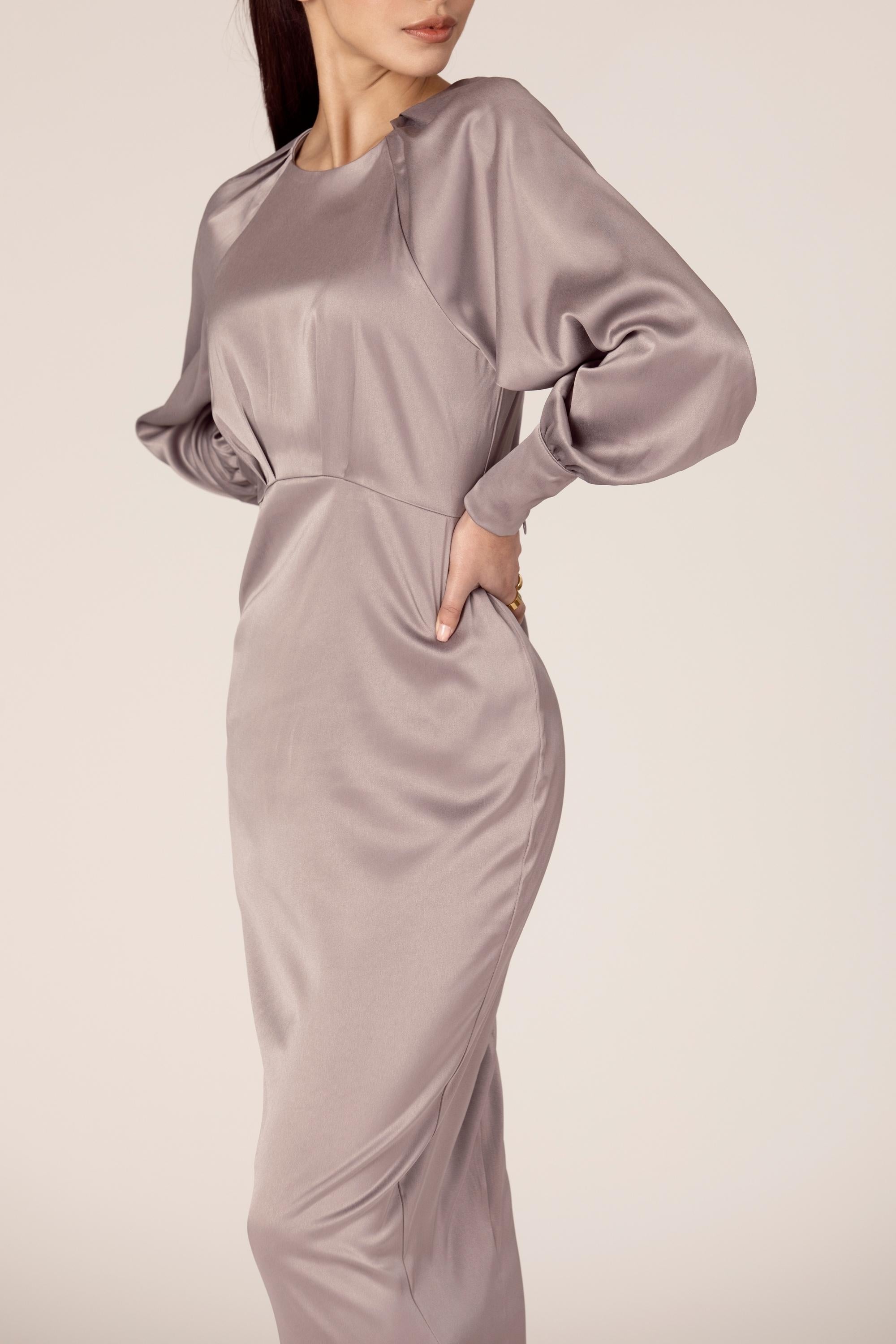 Rawan Satin Maxi Dress - Graphite Veiled Collection 